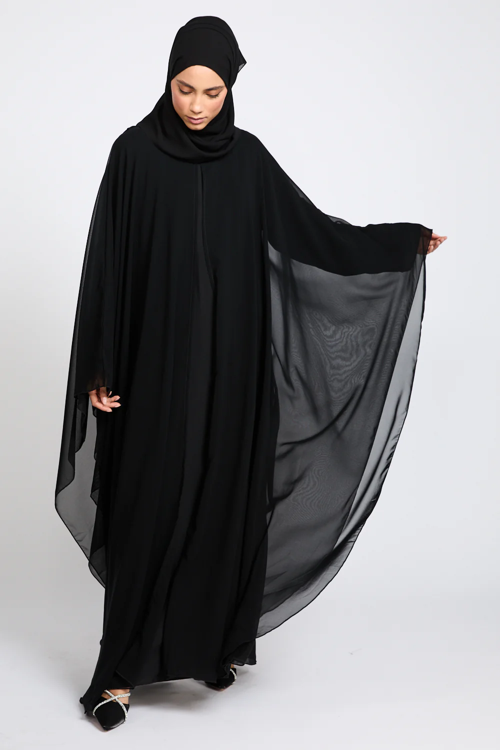 Closed Abaya with Butterfly Cut Chiffon Overlay - Black - Image 5