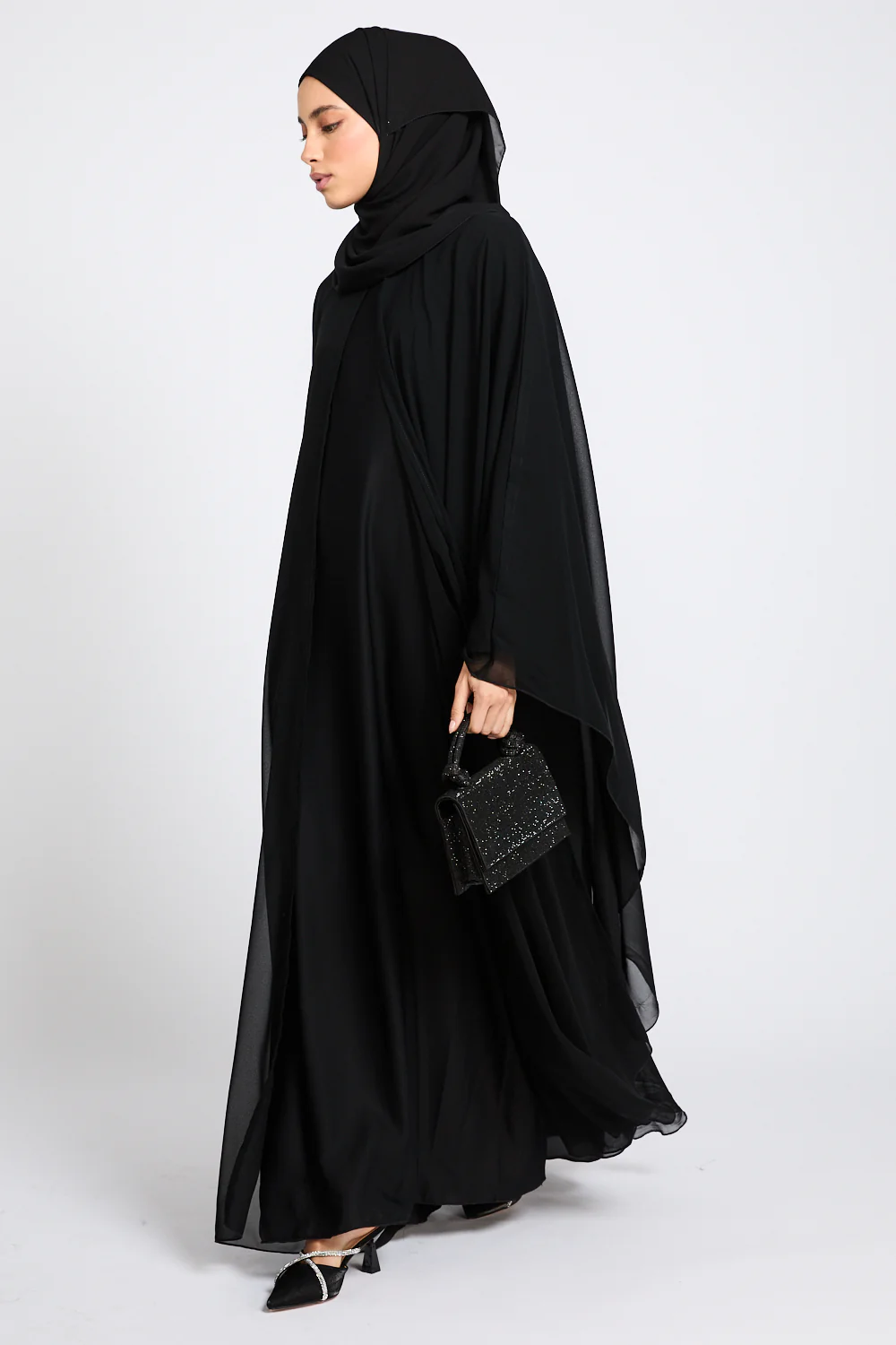 Closed Abaya with Butterfly Cut Chiffon Overlay - Black - Image 6