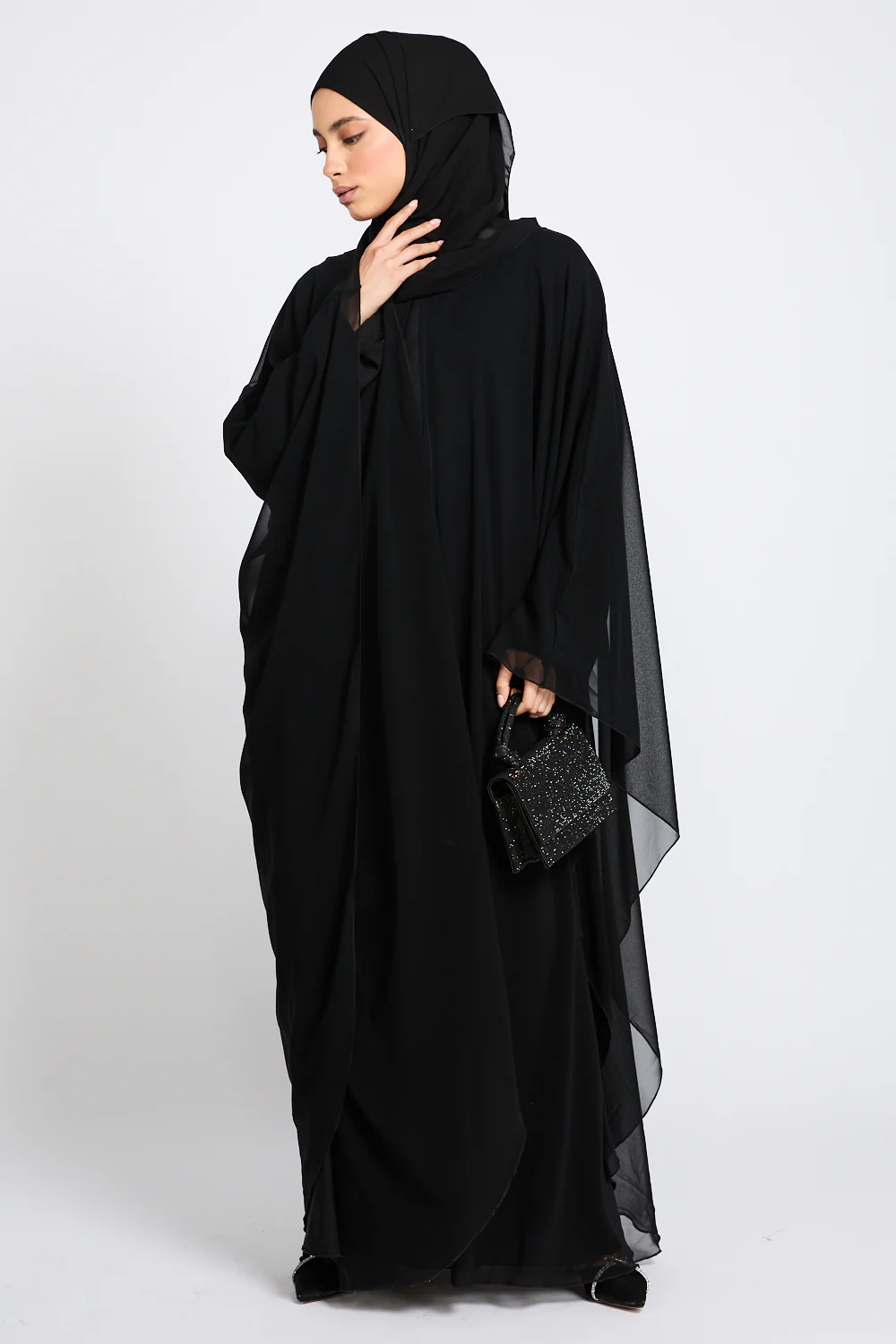 Closed Abaya with Butterfly Cut Chiffon Overlay - Black - Image 7