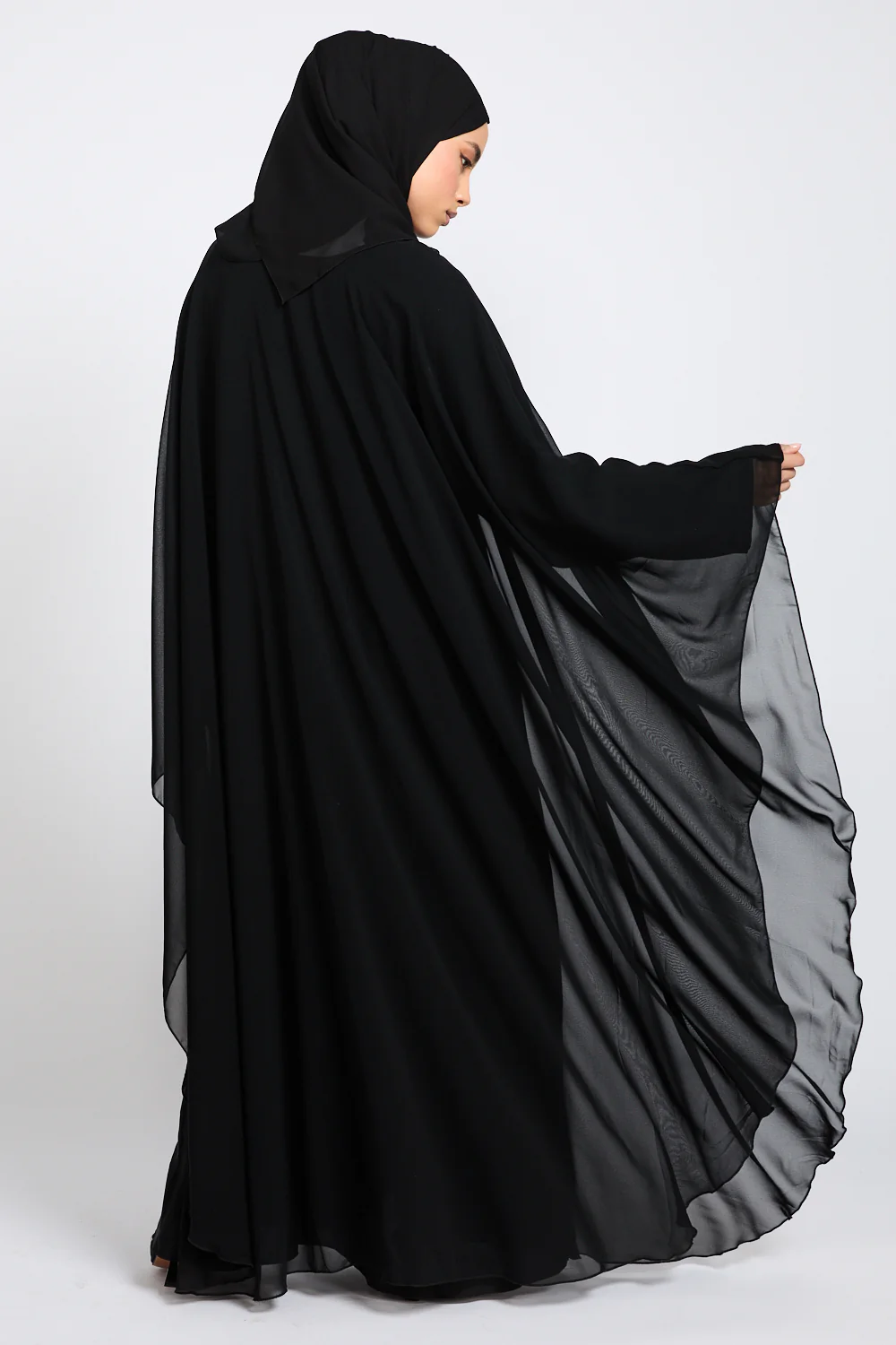 Closed Abaya with Butterfly Cut Chiffon Overlay - Black - Image 8