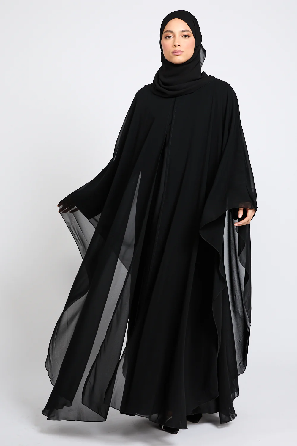 Closed Abaya with Butterfly Cut Chiffon Overlay - Black - Image 9
