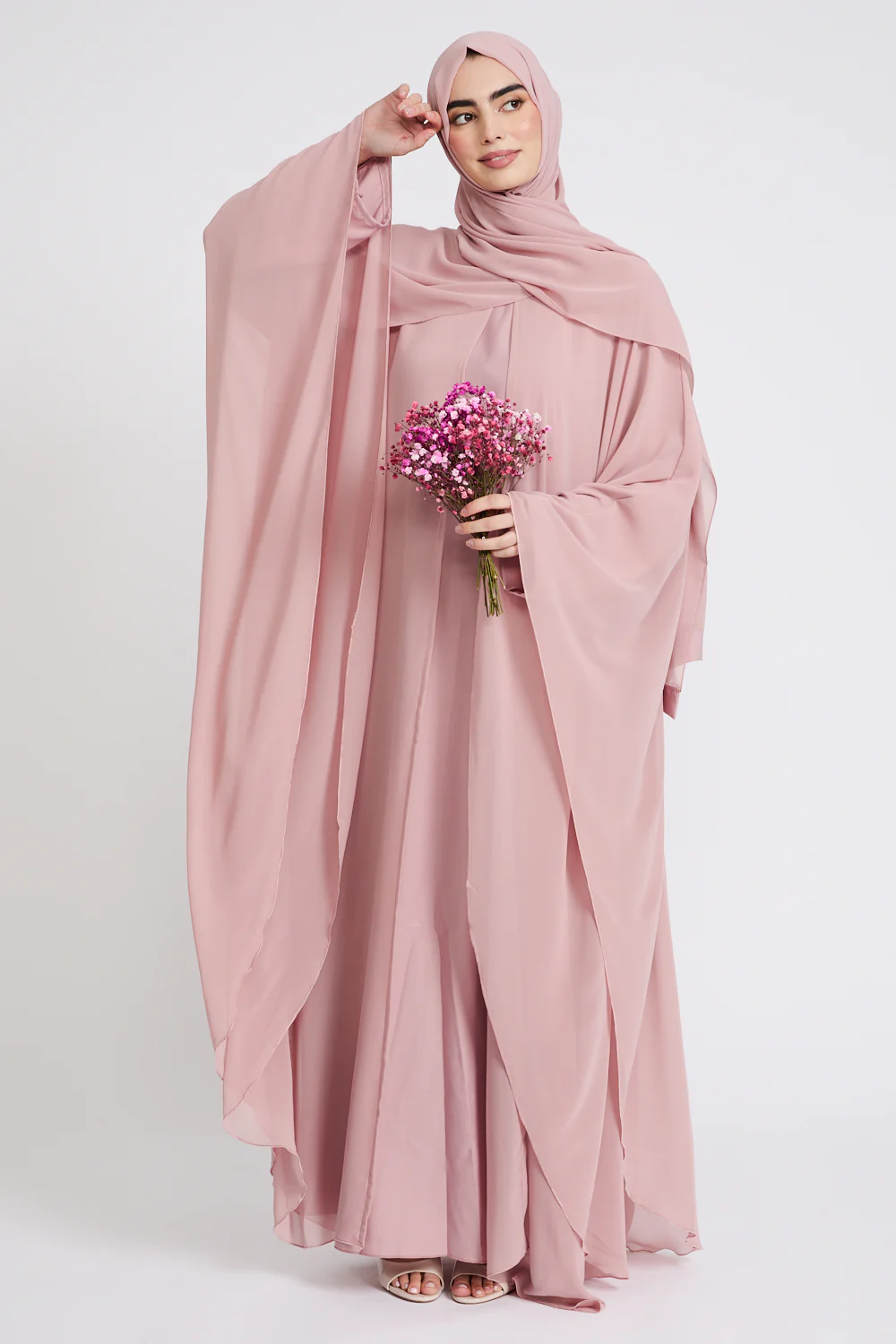 Closed Abaya with Butterfly Cut Chiffon Overlay - Blushing Rose