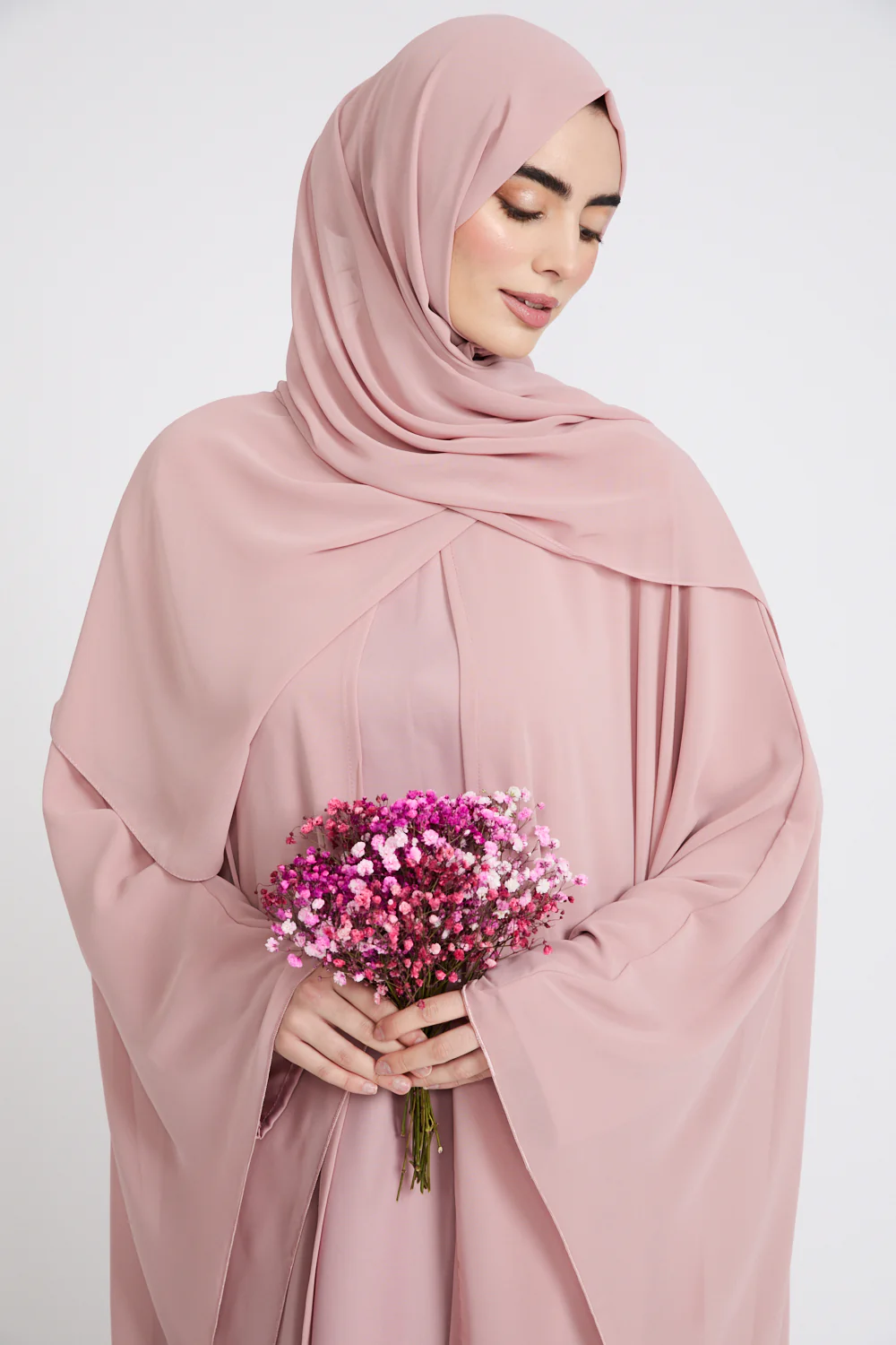 Closed Abaya with Butterfly Cut Chiffon Overlay - Blushing Rose - Image 2