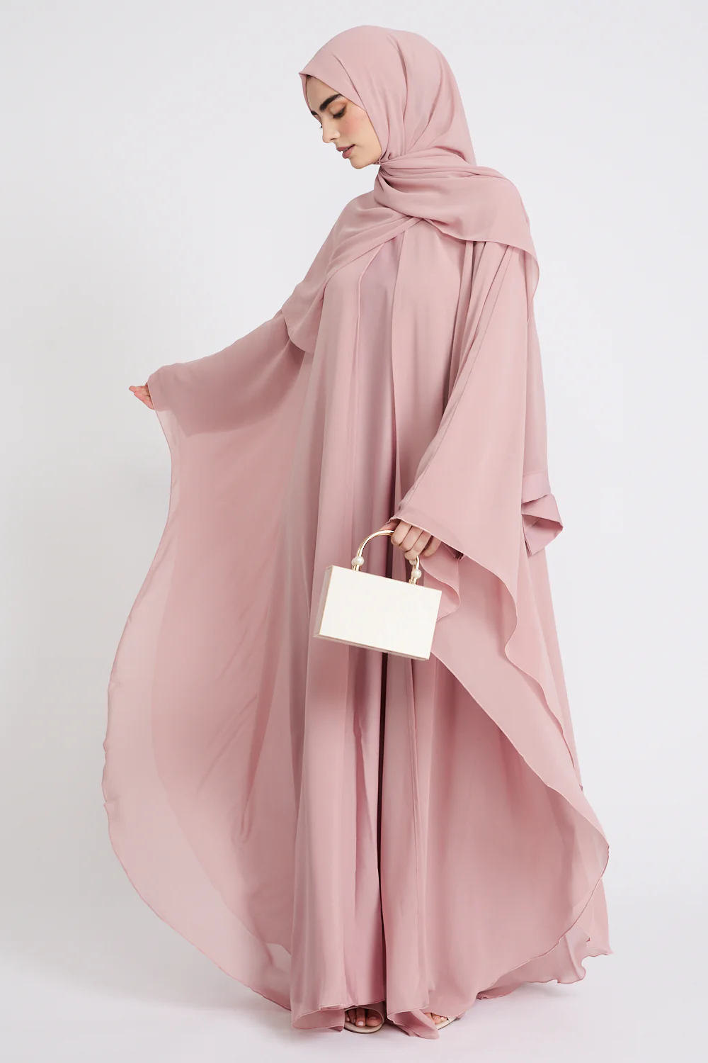 Closed Abaya with Butterfly Cut Chiffon Overlay - Blushing Rose - Image 3