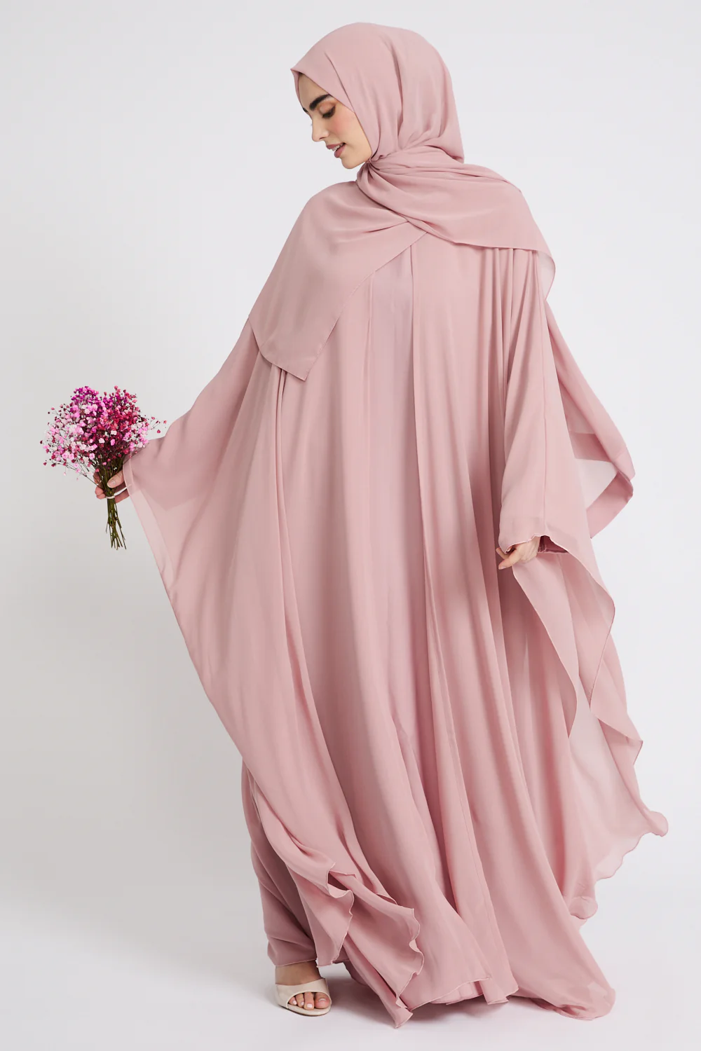 Closed Abaya with Butterfly Cut Chiffon Overlay - Blushing Rose - Image 4