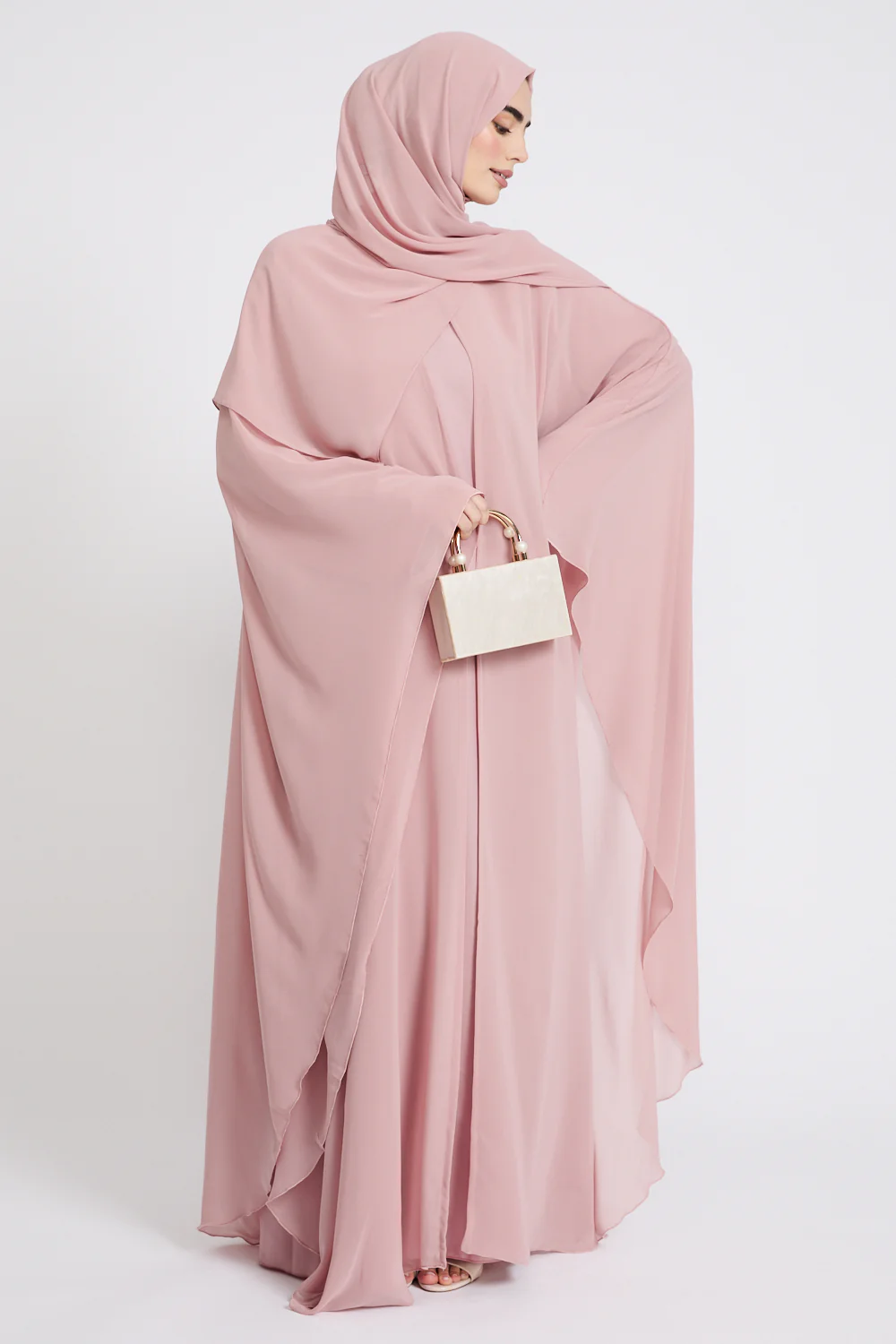 Closed Abaya with Butterfly Cut Chiffon Overlay - Blushing Rose - Image 5