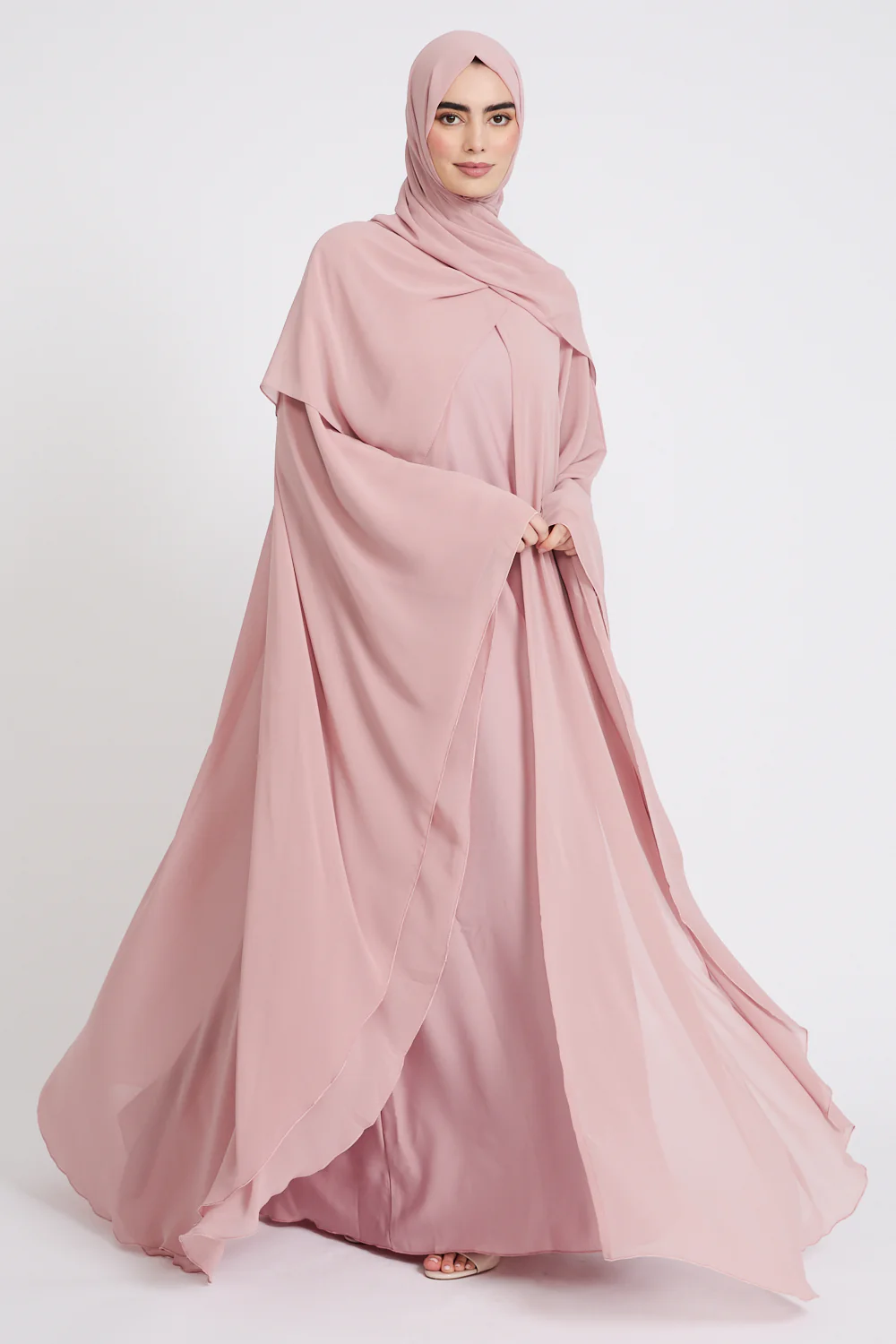 Closed Abaya with Butterfly Cut Chiffon Overlay - Blushing Rose - Image 6