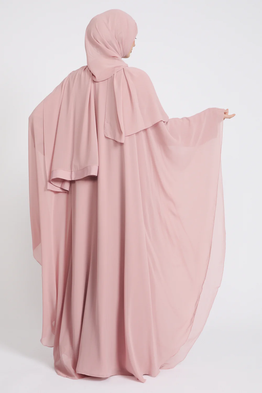 Closed Abaya with Butterfly Cut Chiffon Overlay - Blushing Rose - Image 7