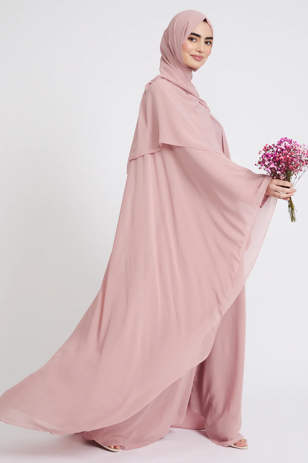 Closed Abaya with Butterfly Cut Chiffon Overlay - Blushing Rose - Image 8