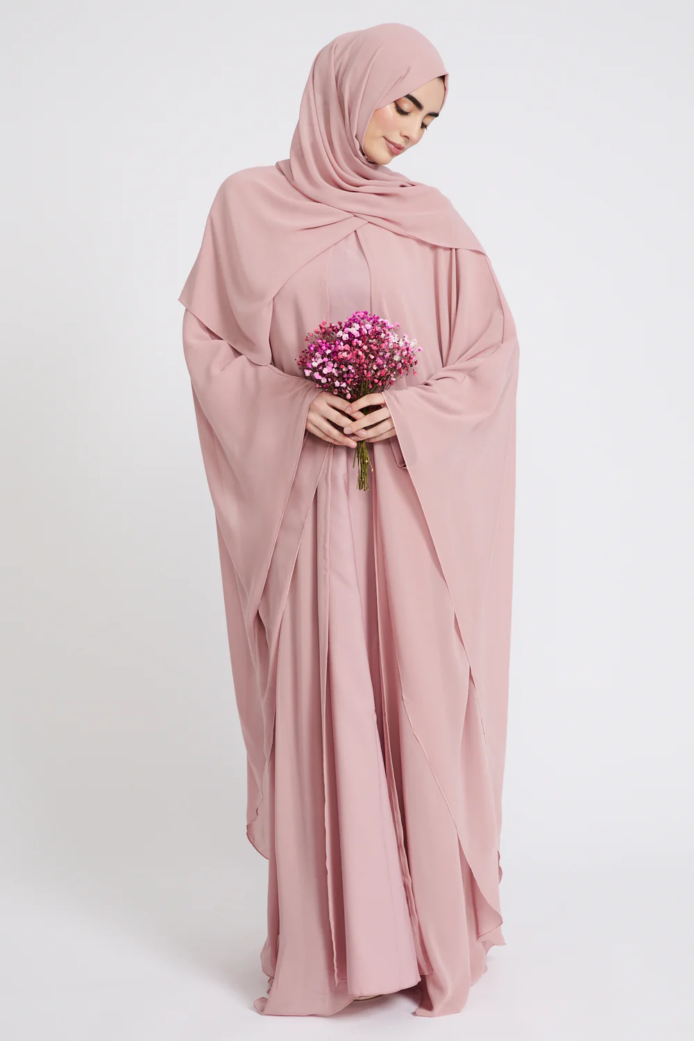Closed Abaya with Butterfly Cut Chiffon Overlay - Blushing Rose - Image 9