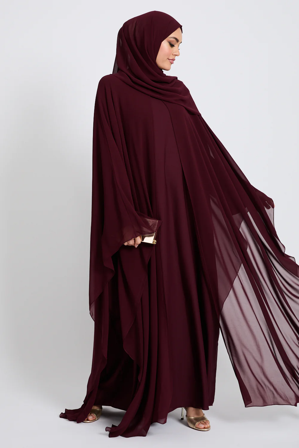 Closed Abaya with Butterfly Cut Chiffon Overlay - Burgundy Rose