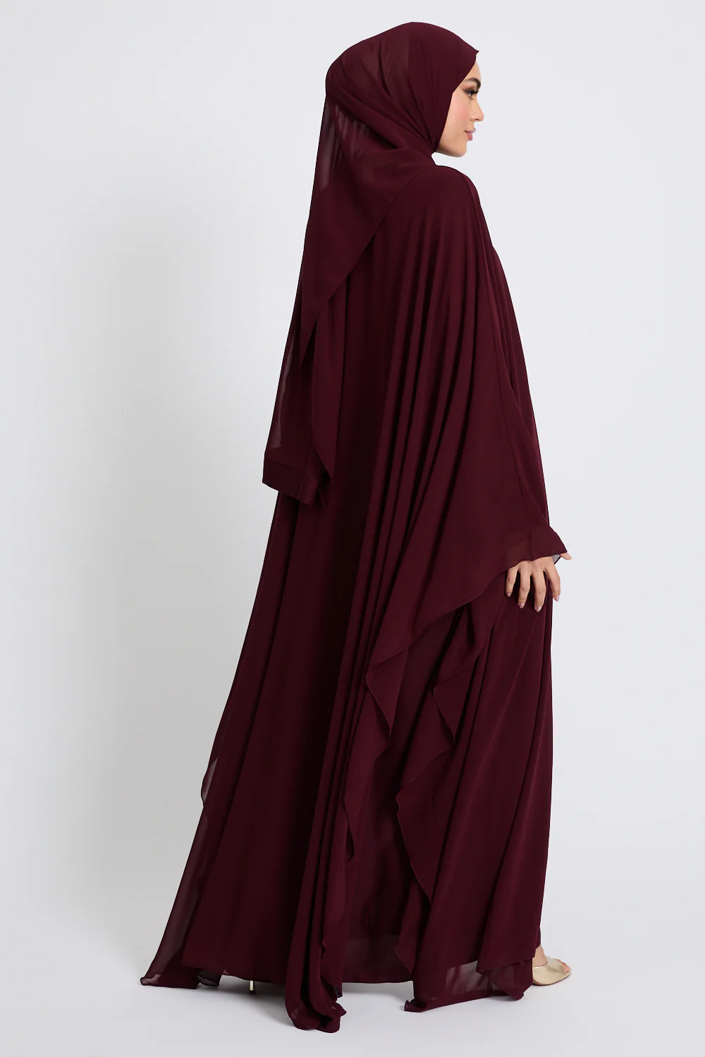 Closed Abaya with Butterfly Cut Chiffon Overlay - Burgundy Rose - Image 10