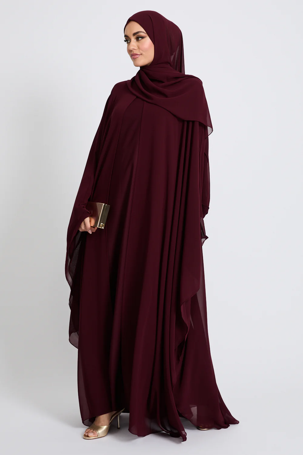Closed Abaya with Butterfly Cut Chiffon Overlay - Burgundy Rose - Image 3