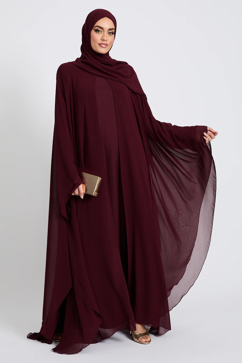 Closed Abaya with Butterfly Cut Chiffon Overlay - Burgundy Rose - Image 4