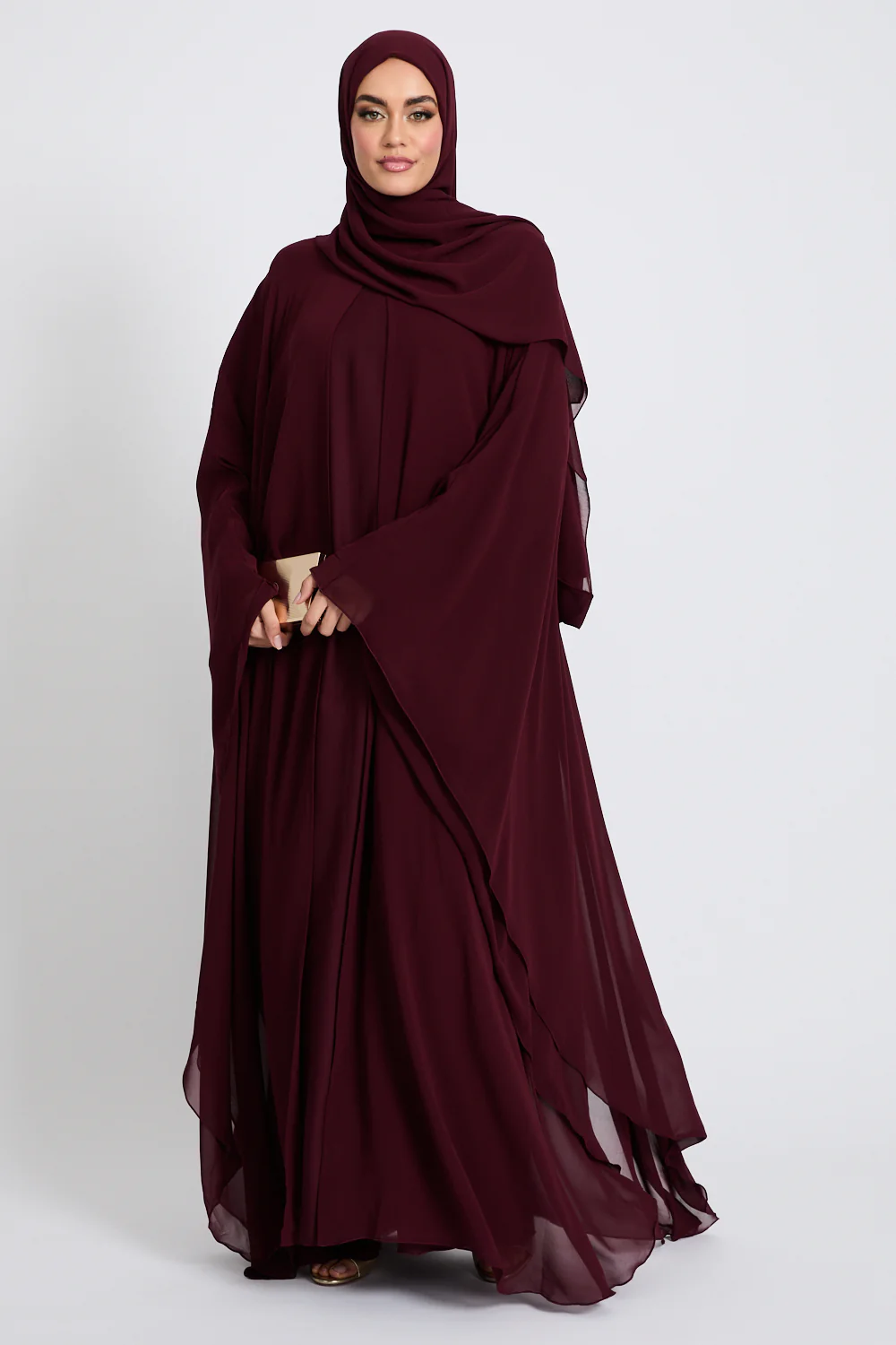 Closed Abaya with Butterfly Cut Chiffon Overlay - Burgundy Rose - Image 5