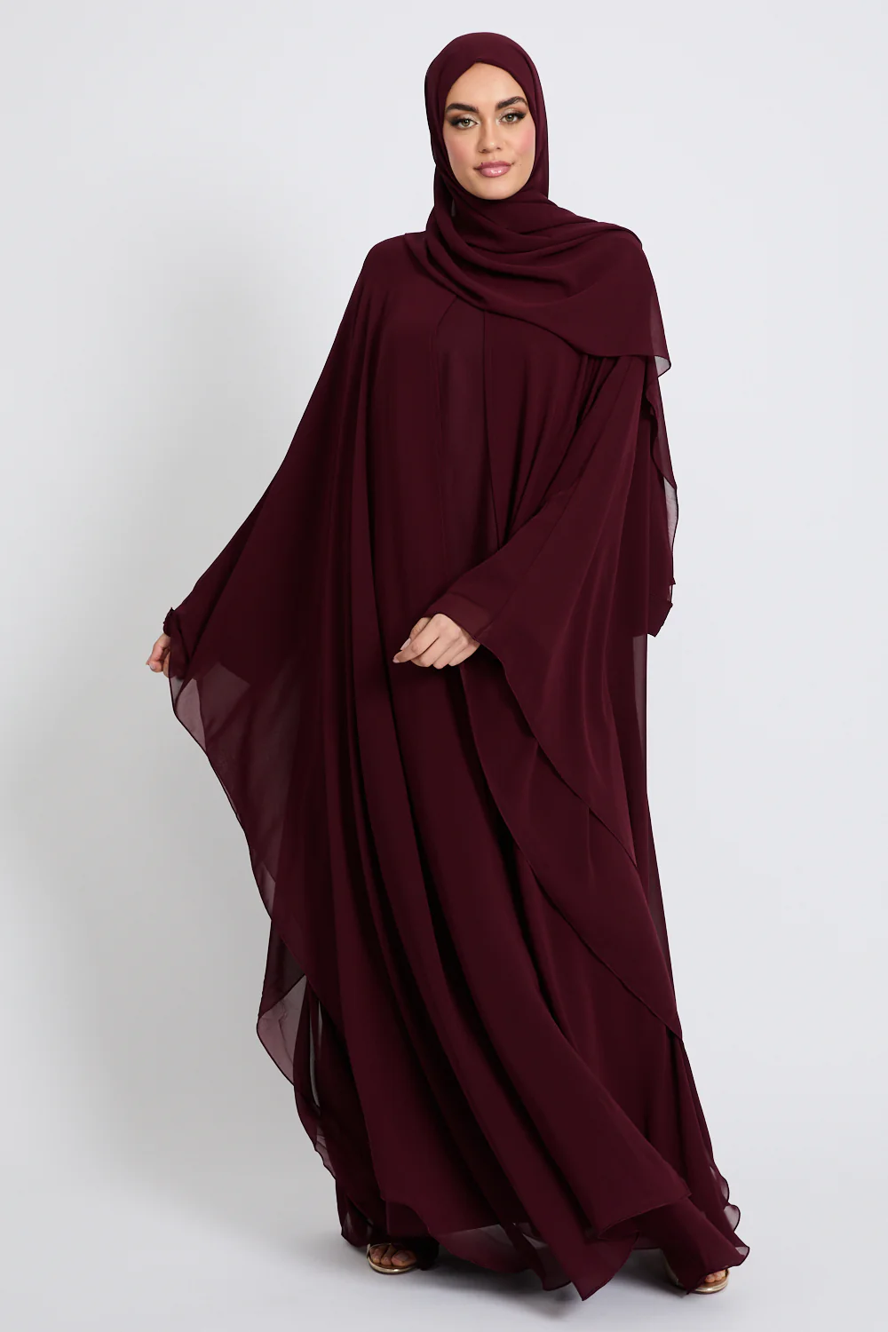 Closed Abaya with Butterfly Cut Chiffon Overlay - Burgundy Rose - Image 6