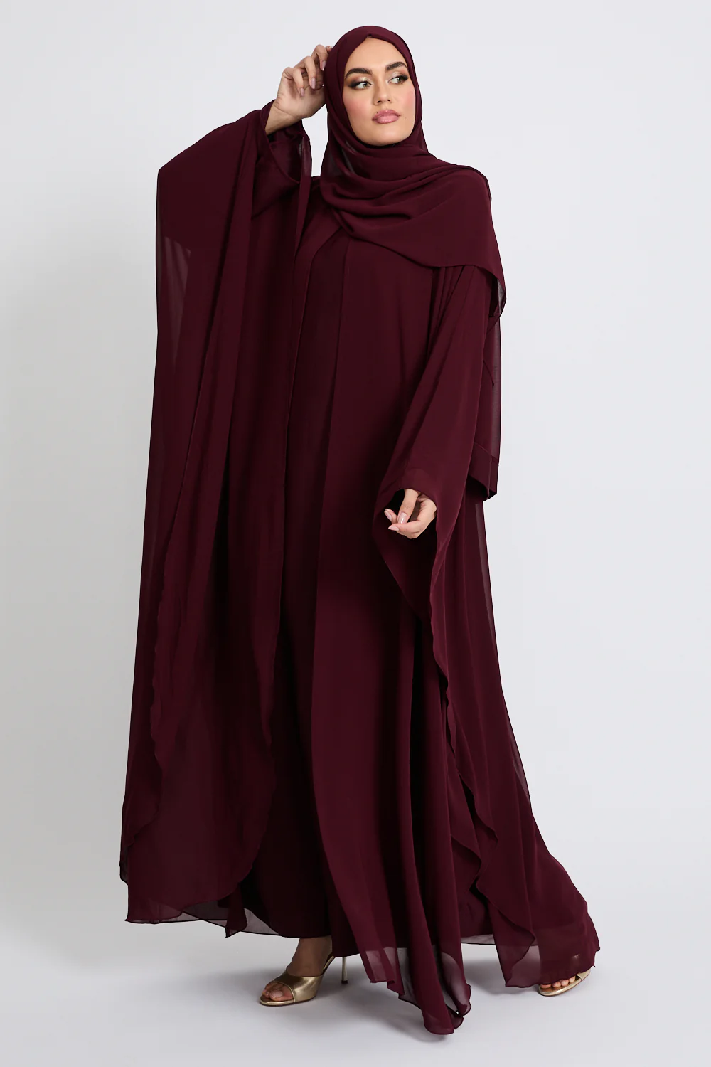 Closed Abaya with Butterfly Cut Chiffon Overlay - Burgundy Rose - Image 7