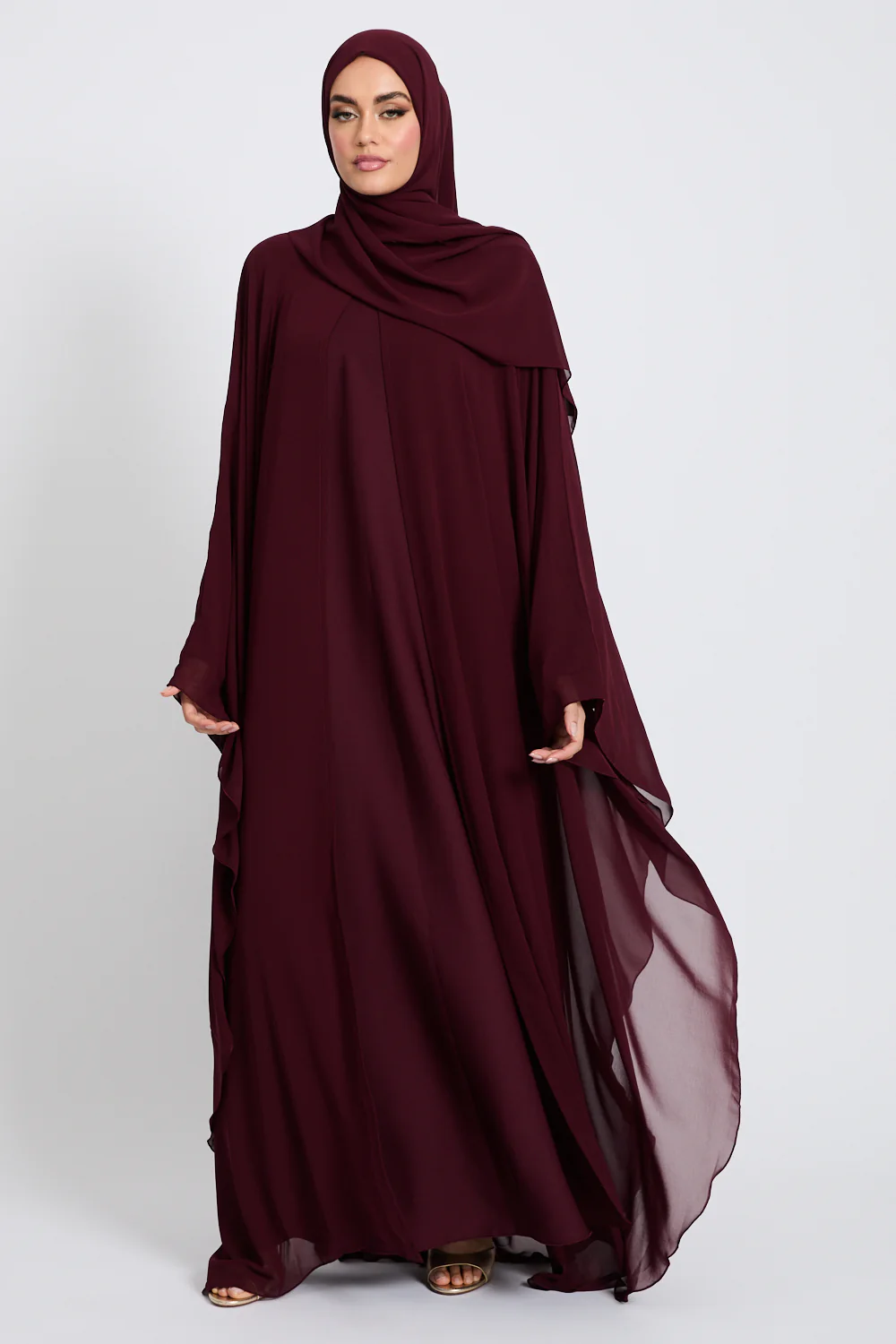 Closed Abaya with Butterfly Cut Chiffon Overlay - Burgundy Rose - Image 8