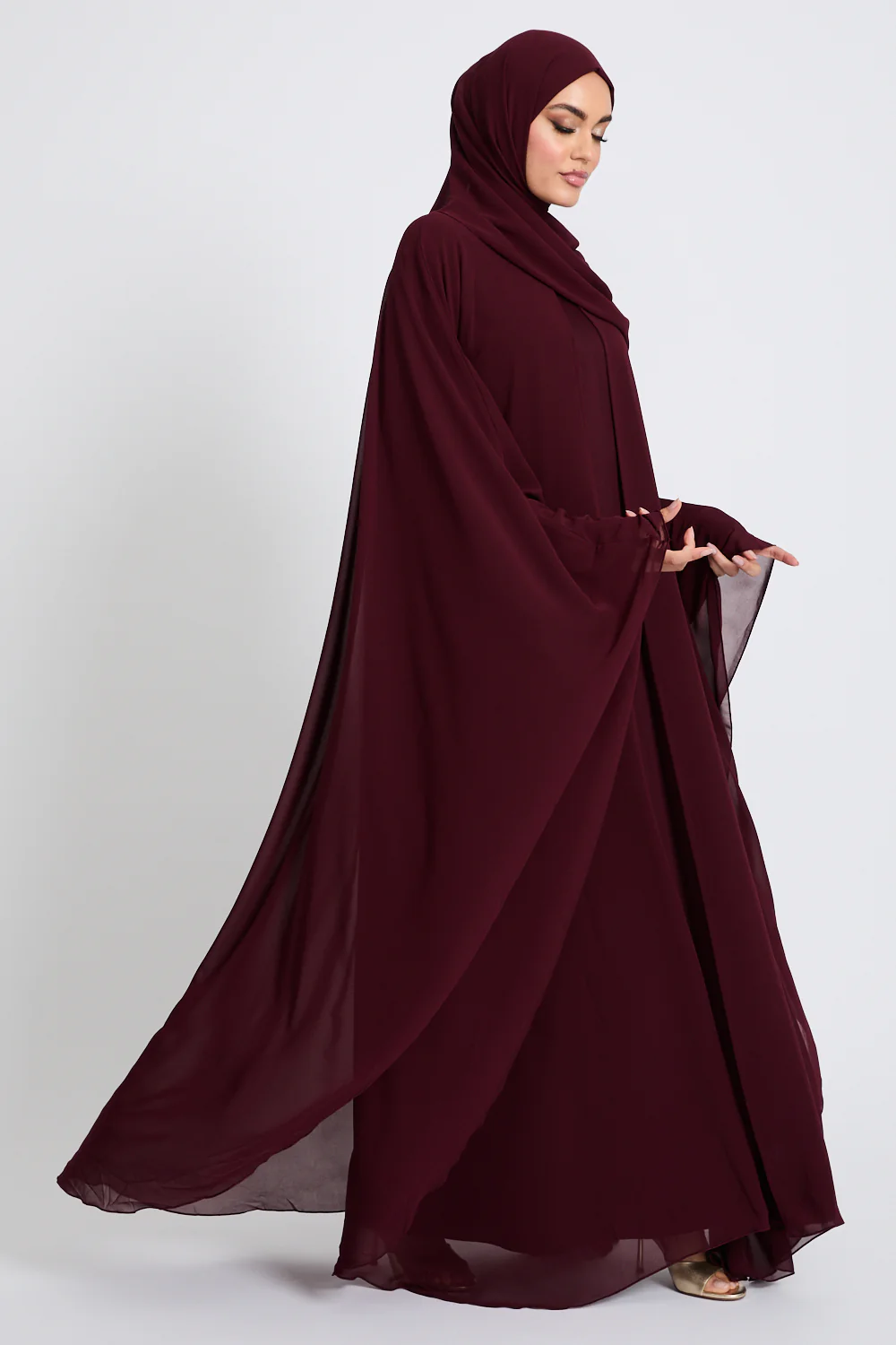 Closed Abaya with Butterfly Cut Chiffon Overlay - Burgundy Rose - Image 9