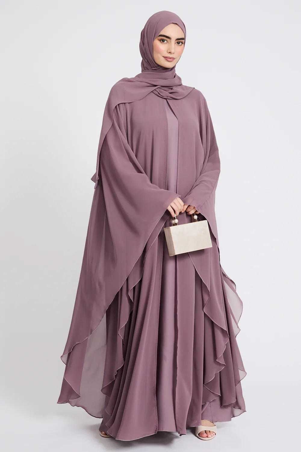 Closed Abaya with Butterfly Cut Chiffon Overlay - Lilac Mauve
