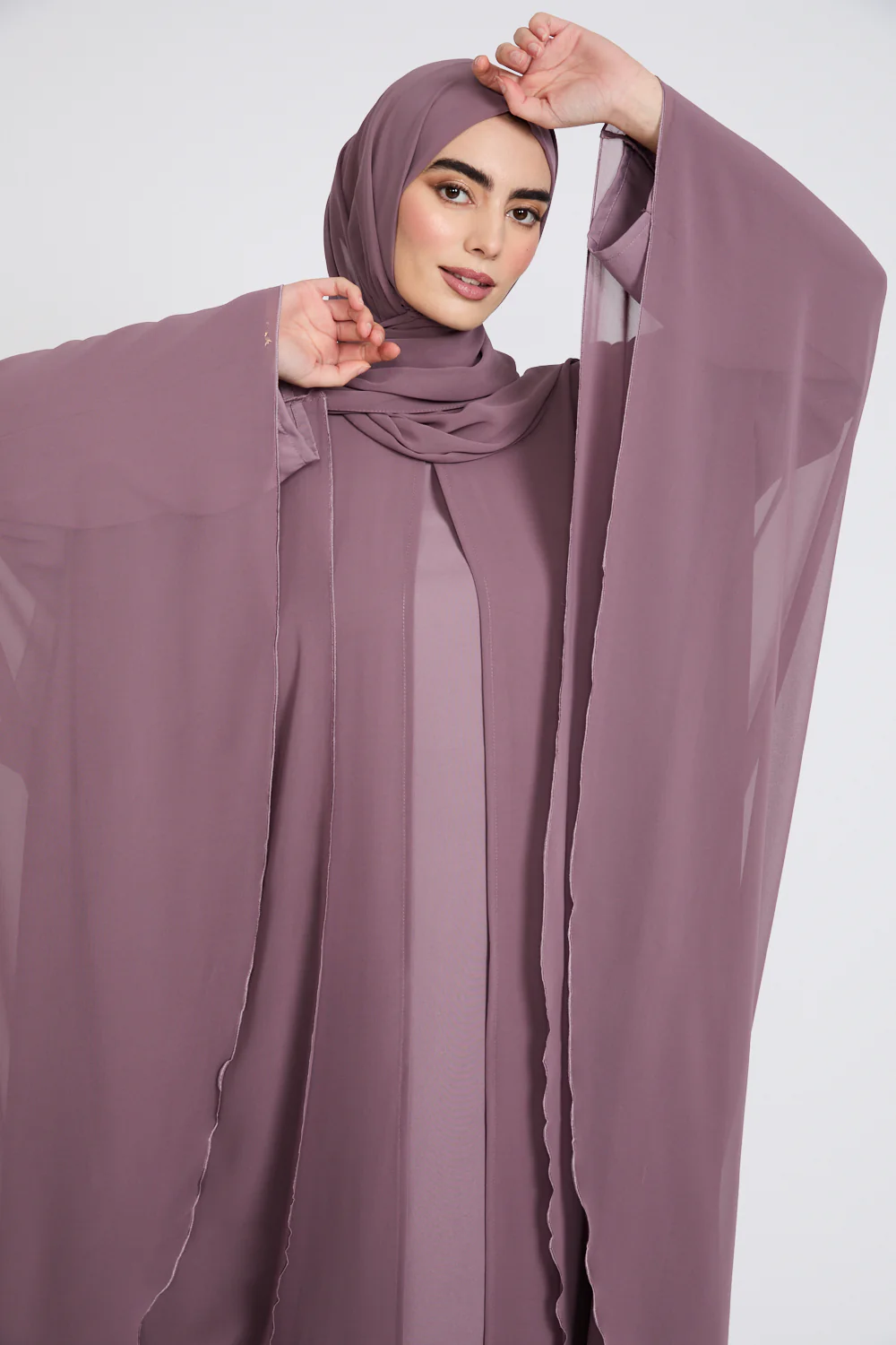 Closed Abaya with Butterfly Cut Chiffon Overlay - Lilac Mauve - Image 2