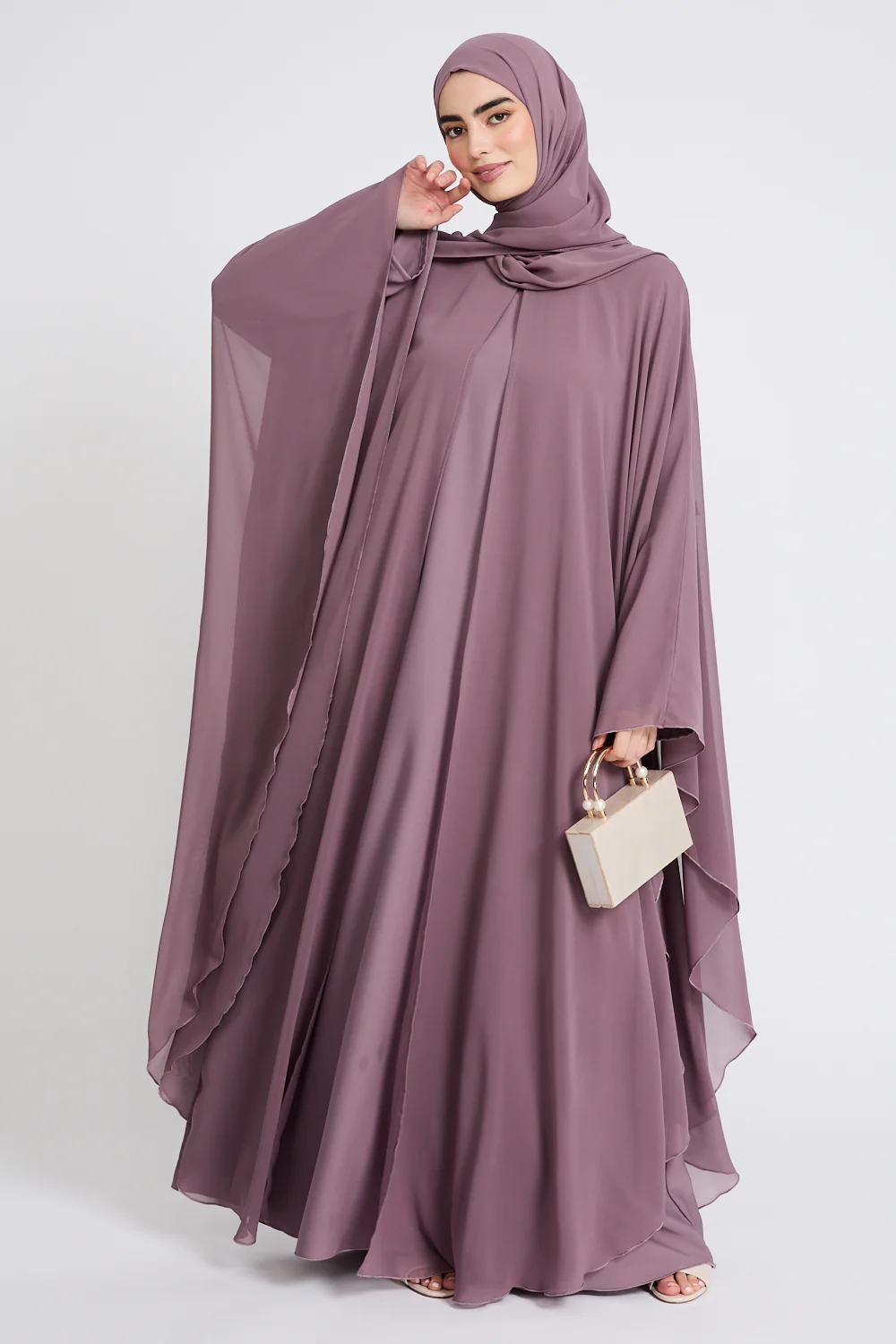 Closed Abaya with Butterfly Cut Chiffon Overlay - Lilac Mauve - Image 3
