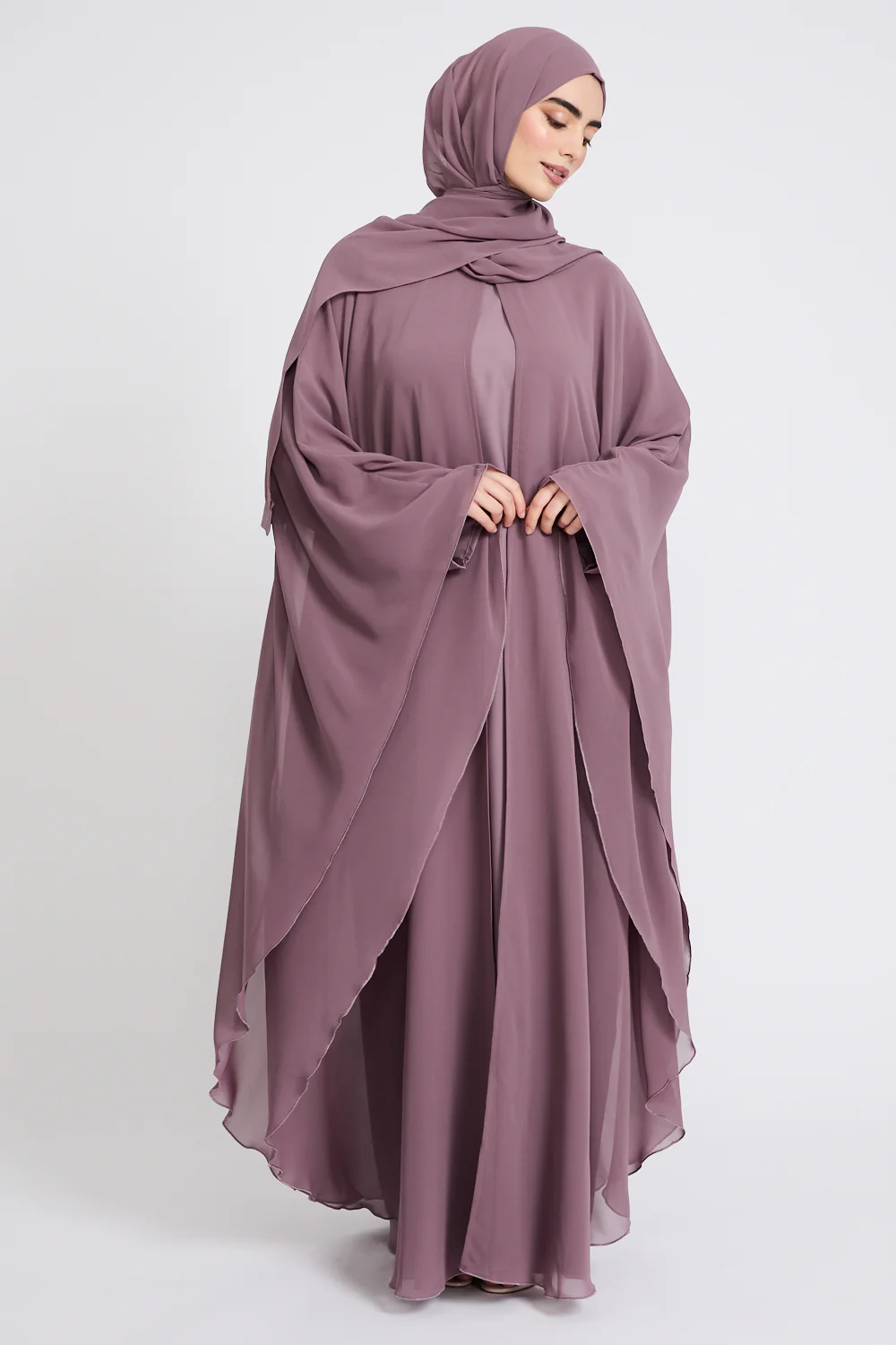 Closed Abaya with Butterfly Cut Chiffon Overlay - Lilac Mauve - Image 4