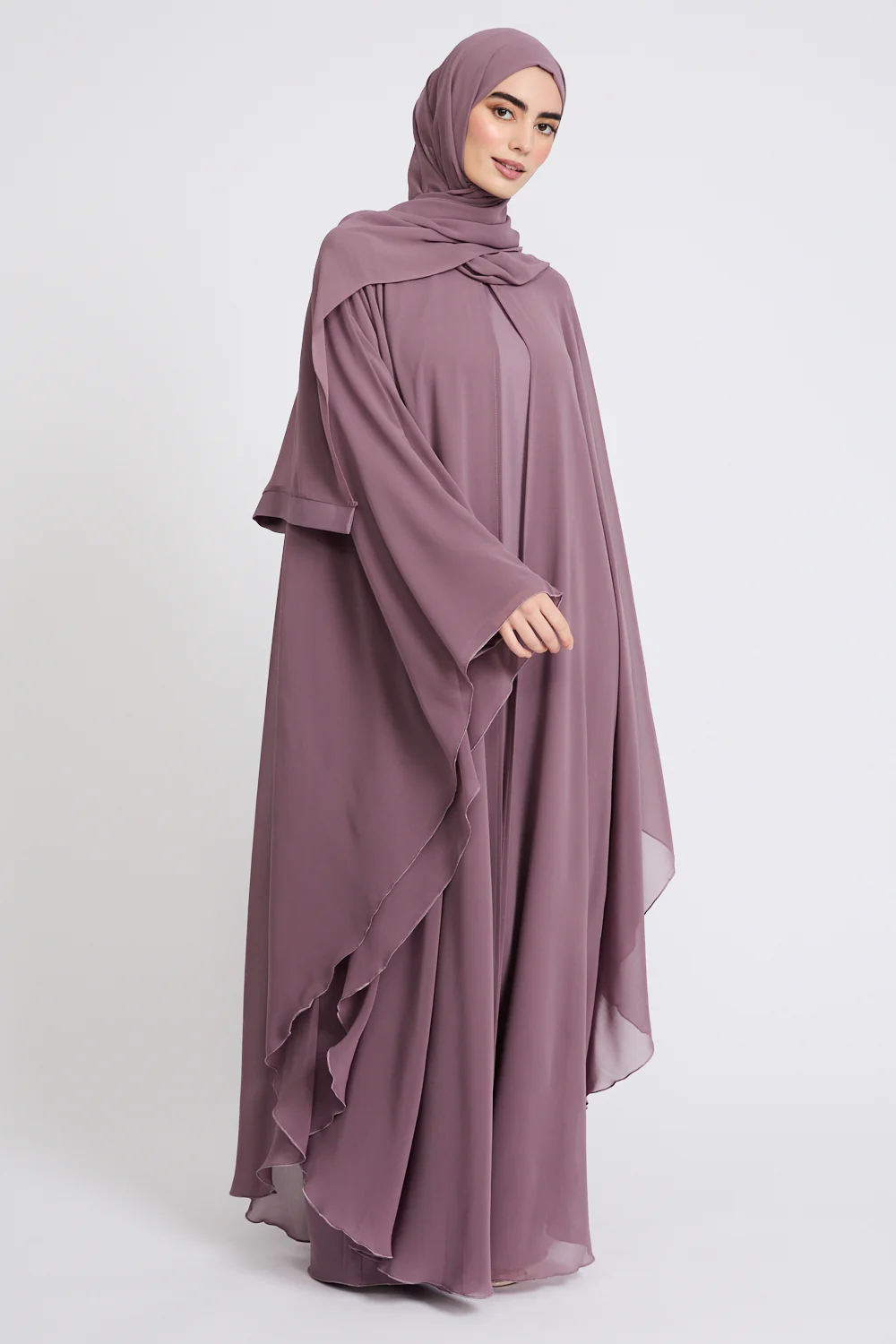 Closed Abaya with Butterfly Cut Chiffon Overlay - Lilac Mauve - Image 5