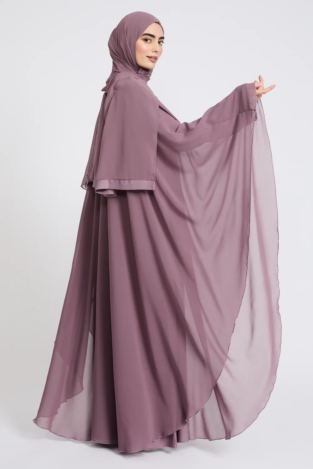 Closed Abaya with Butterfly Cut Chiffon Overlay - Lilac Mauve - Image 6