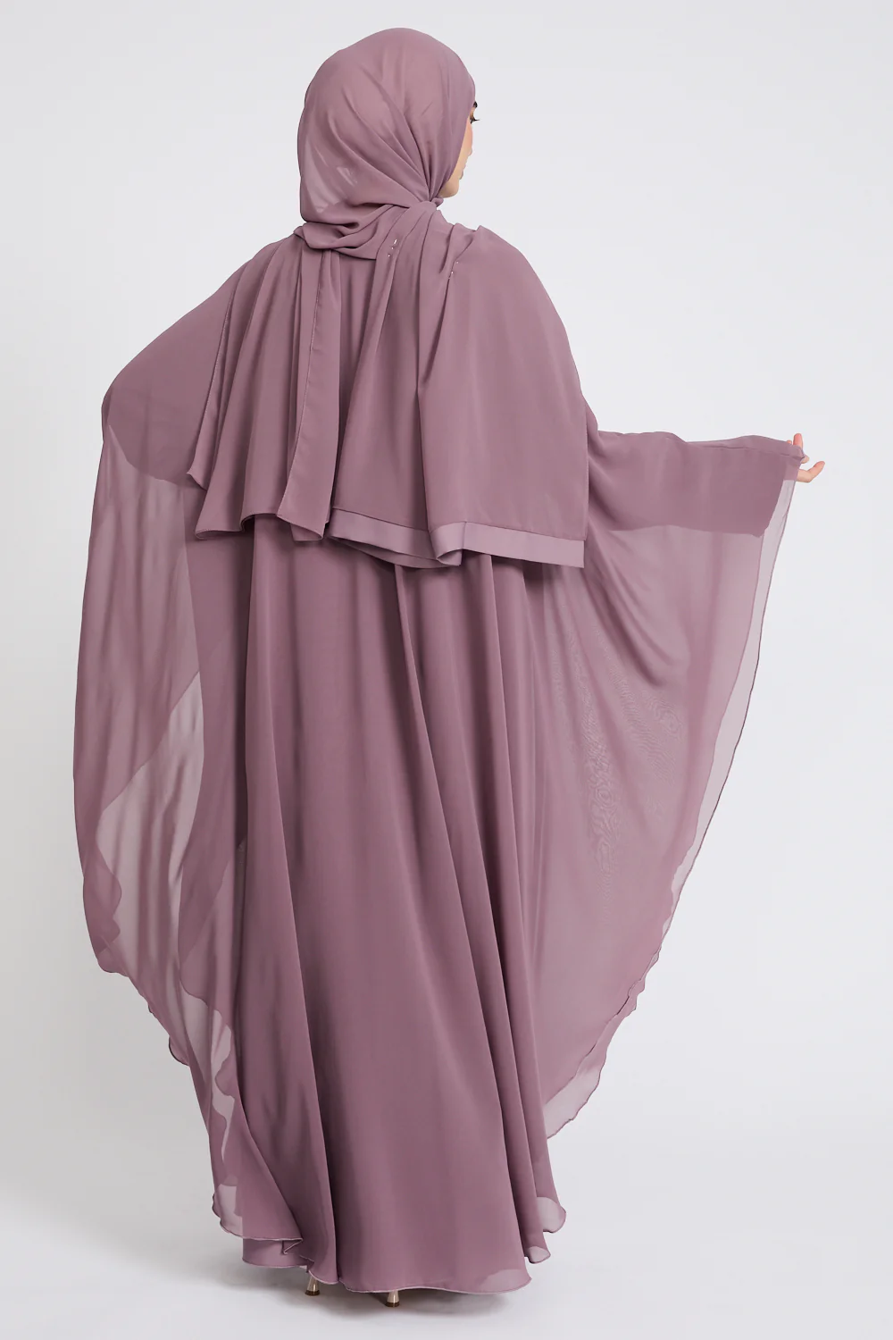 Closed Abaya with Butterfly Cut Chiffon Overlay - Lilac Mauve - Image 7