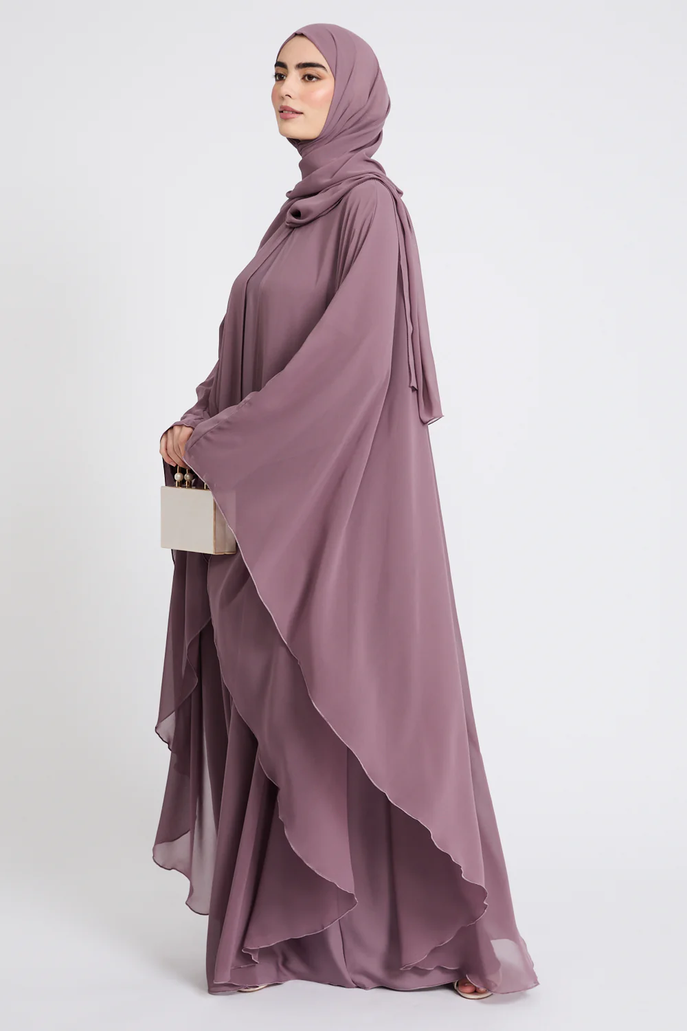 Closed Abaya with Butterfly Cut Chiffon Overlay - Lilac Mauve - Image 8