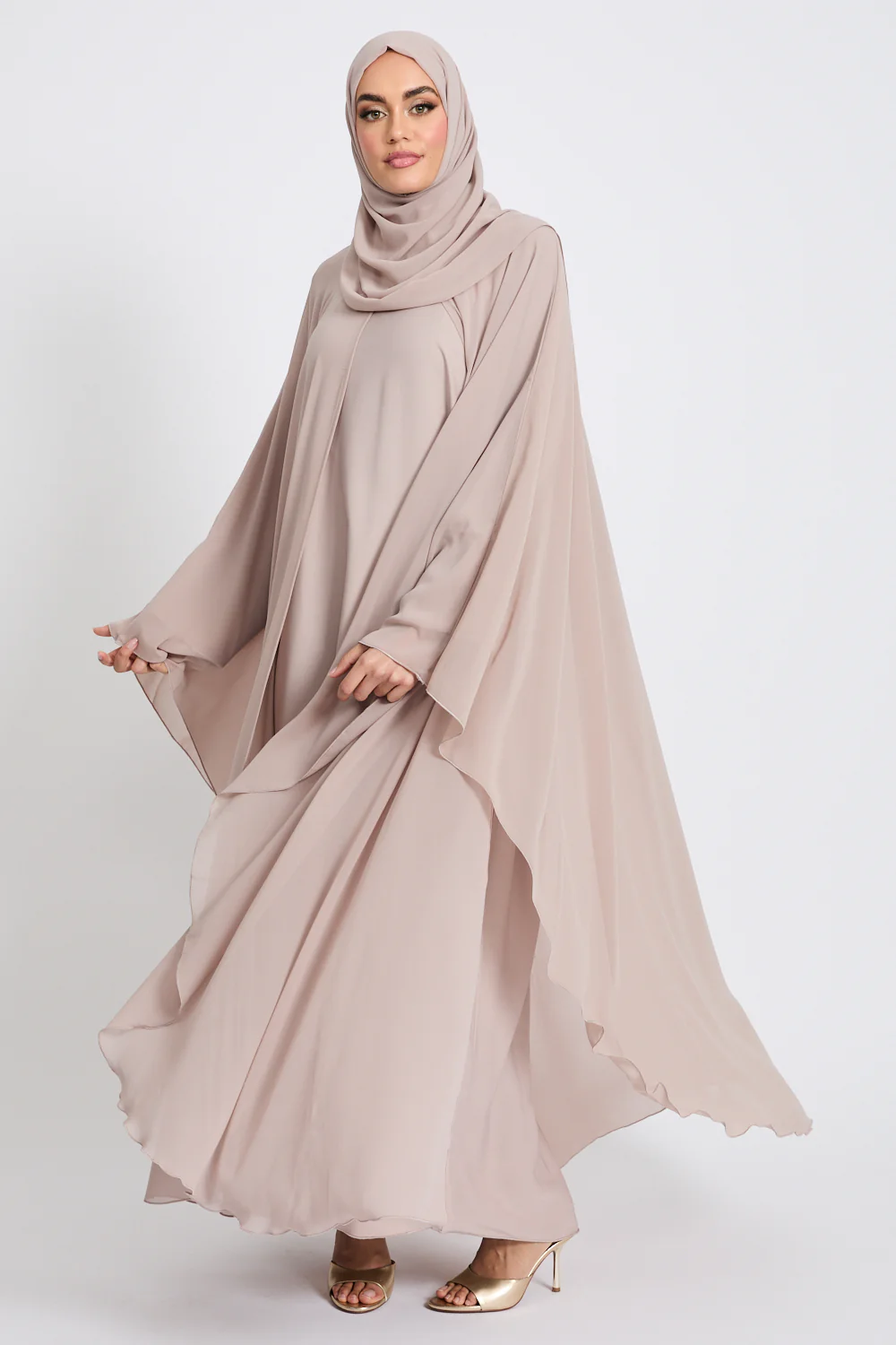 Closed Abaya with Butterfly Cut Chiffon Overlay - Misty Mink - Image 6
