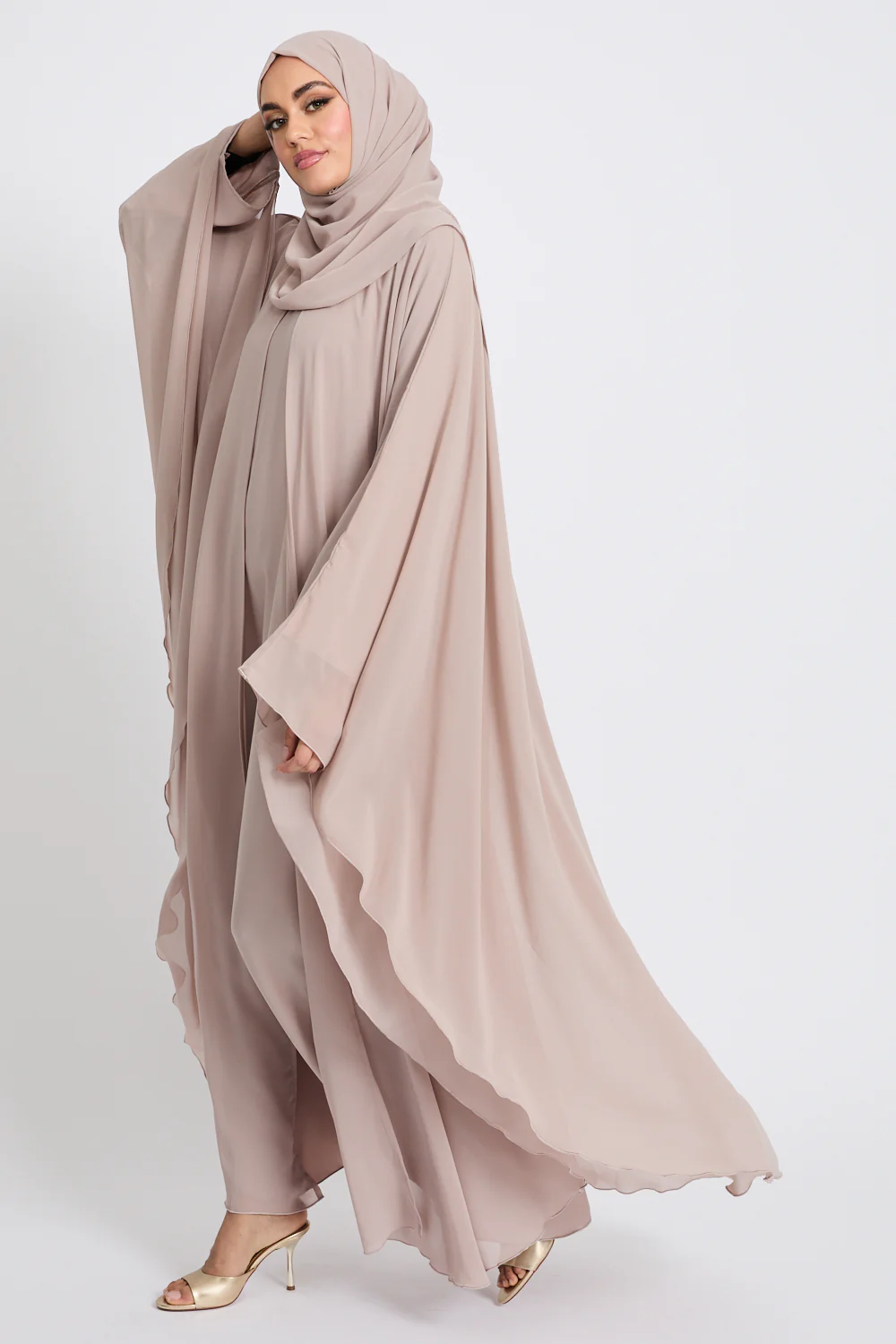 Closed Abaya with Butterfly Cut Chiffon Overlay - Misty Mink - Image 7