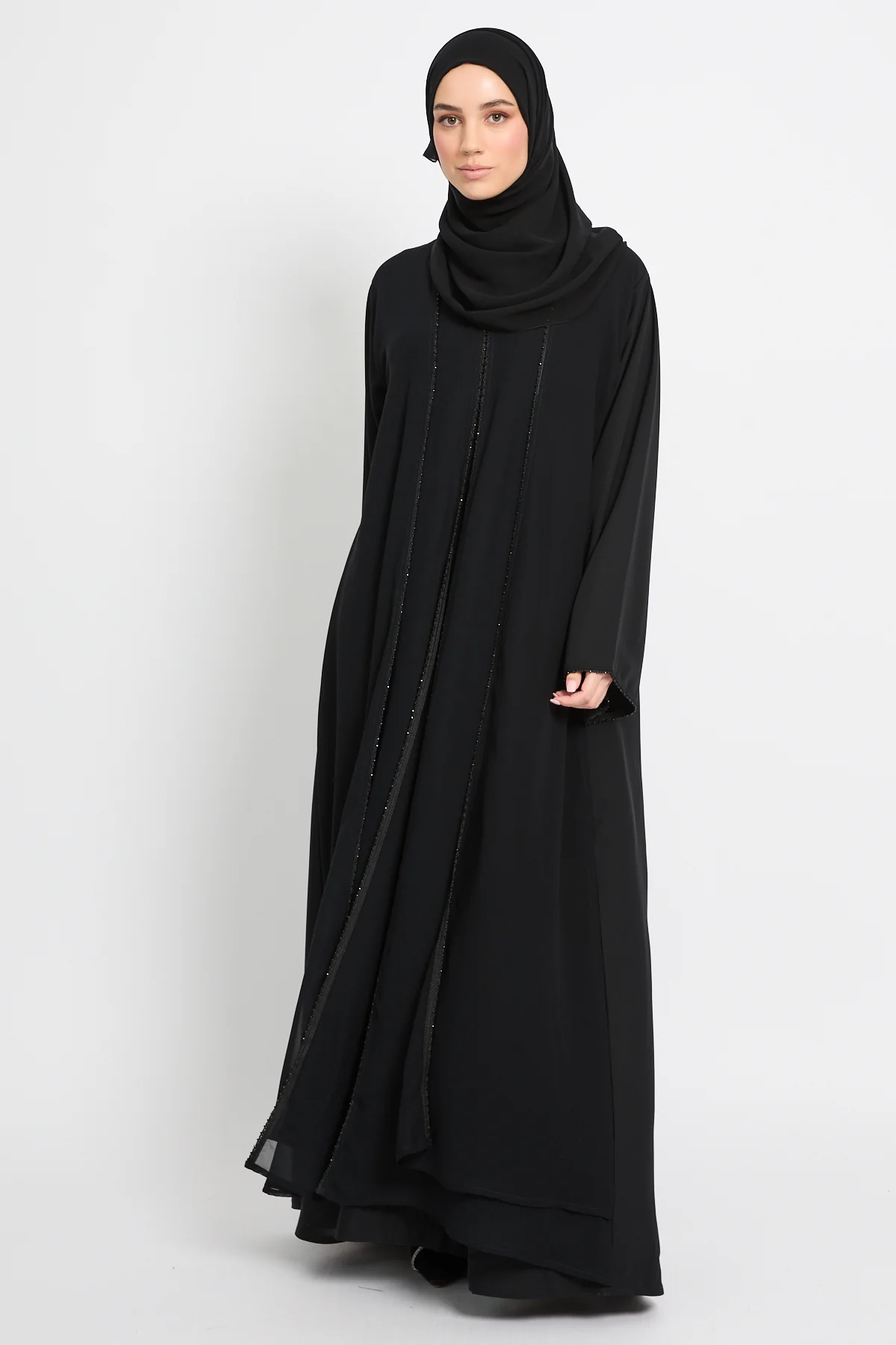 Closed Abaya with Draped Chiffon – Black - Image 5