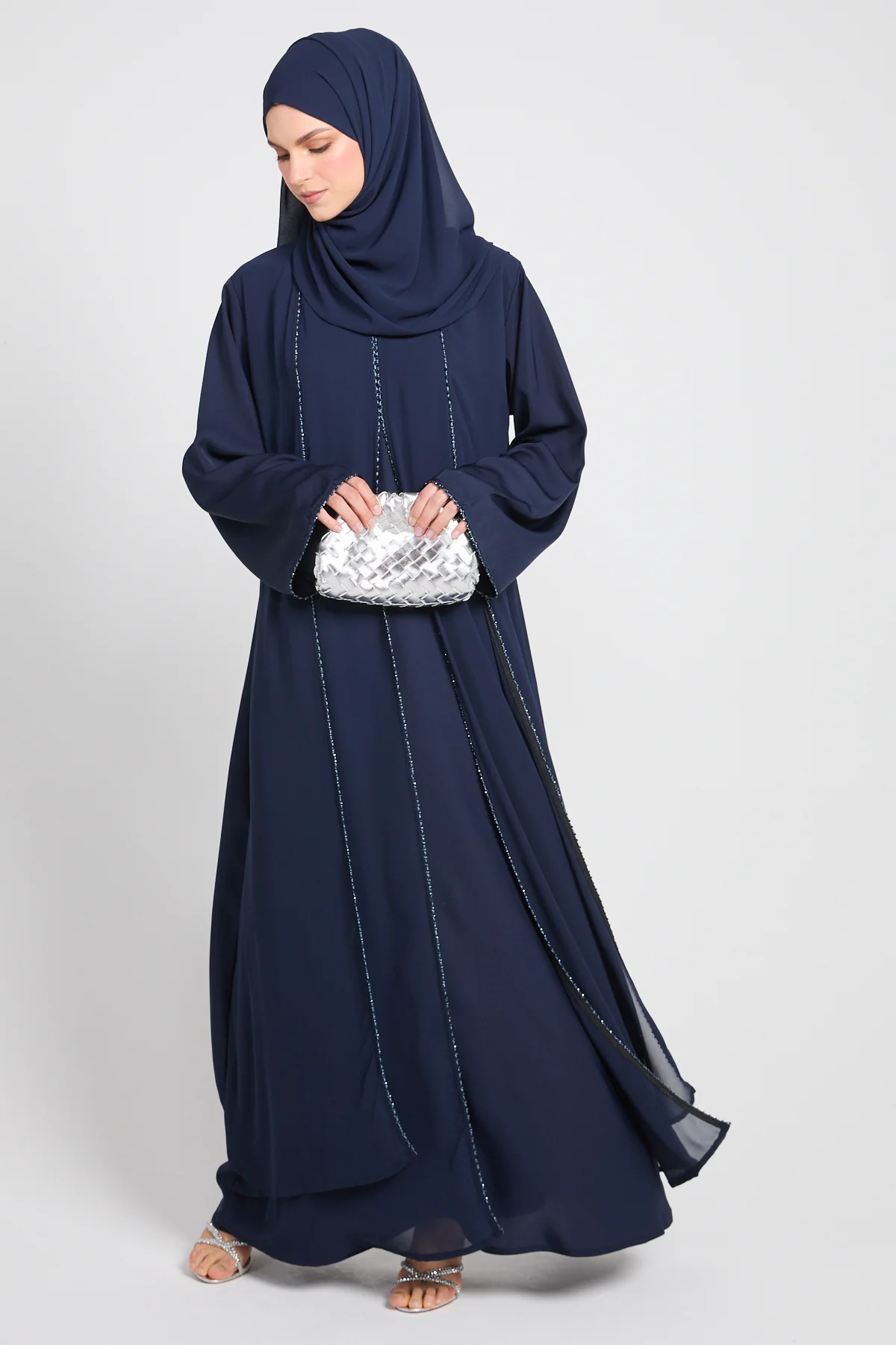 Closed Abaya with Draped Chiffon – Deep Navy