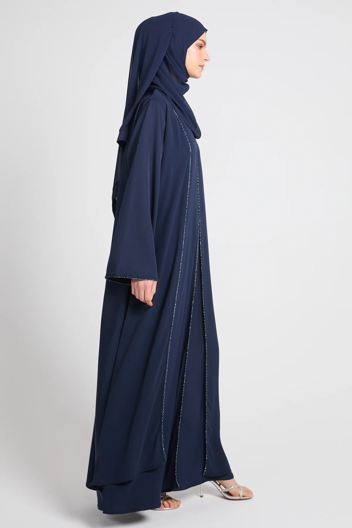 Closed Abaya with Draped Chiffon – Deep Navy - Image 4