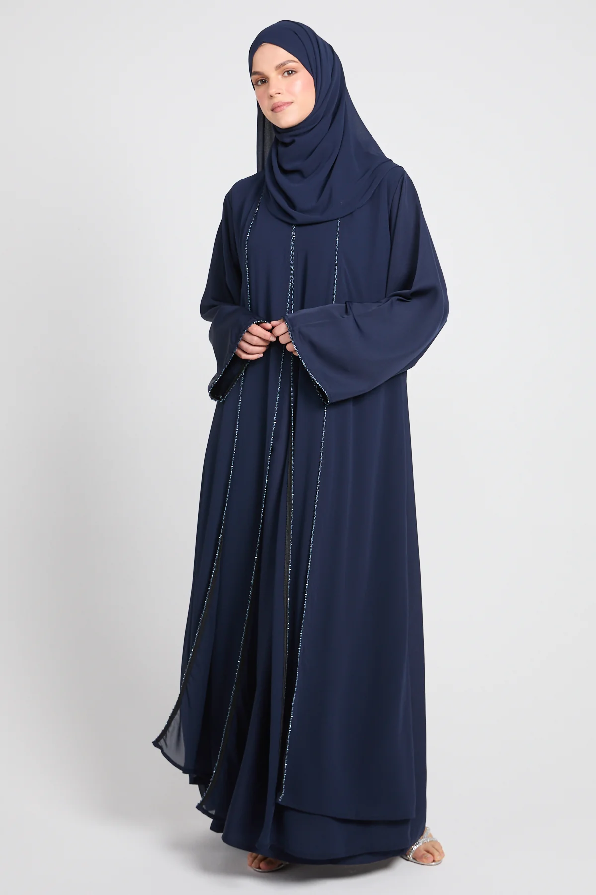 Closed Abaya with Draped Chiffon – Deep Navy - Image 5