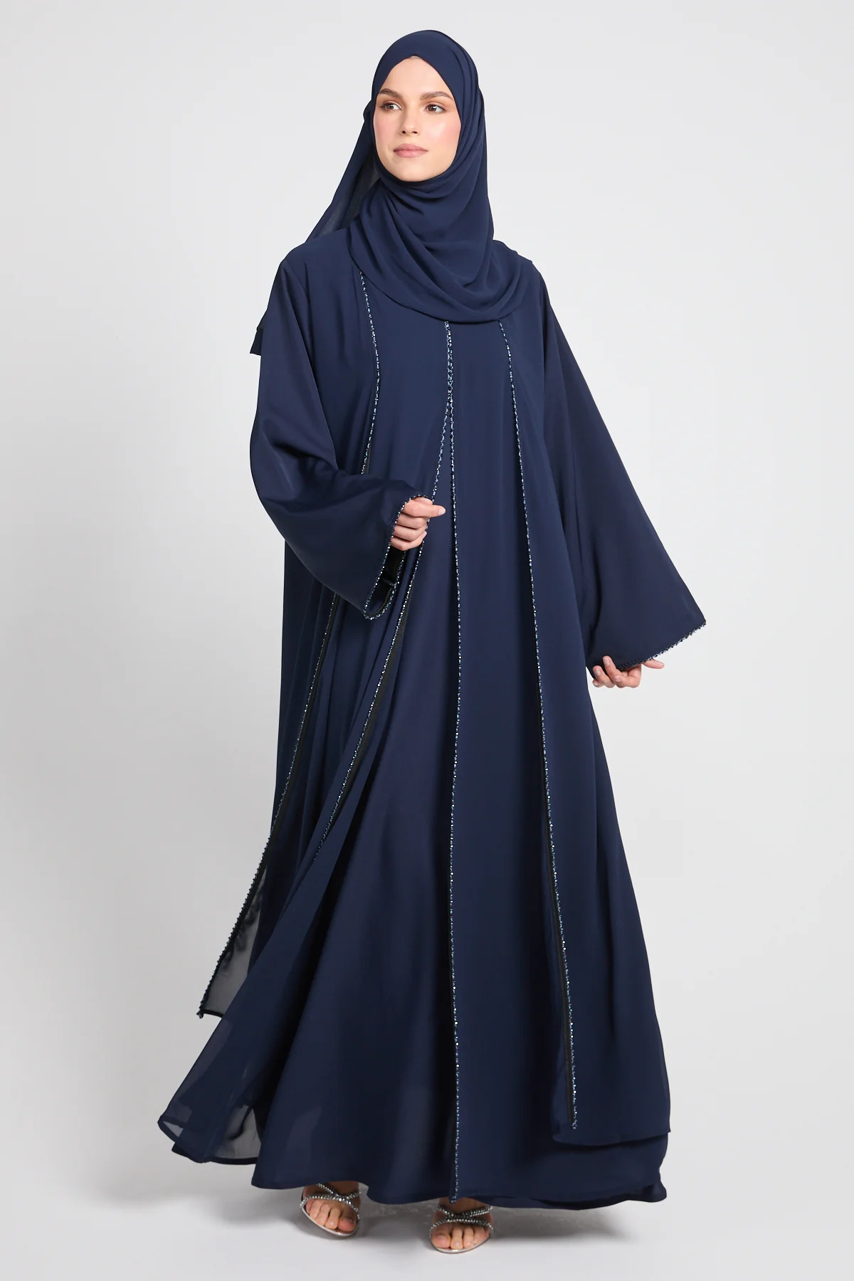 Closed Abaya with Draped Chiffon – Deep Navy - Image 7
