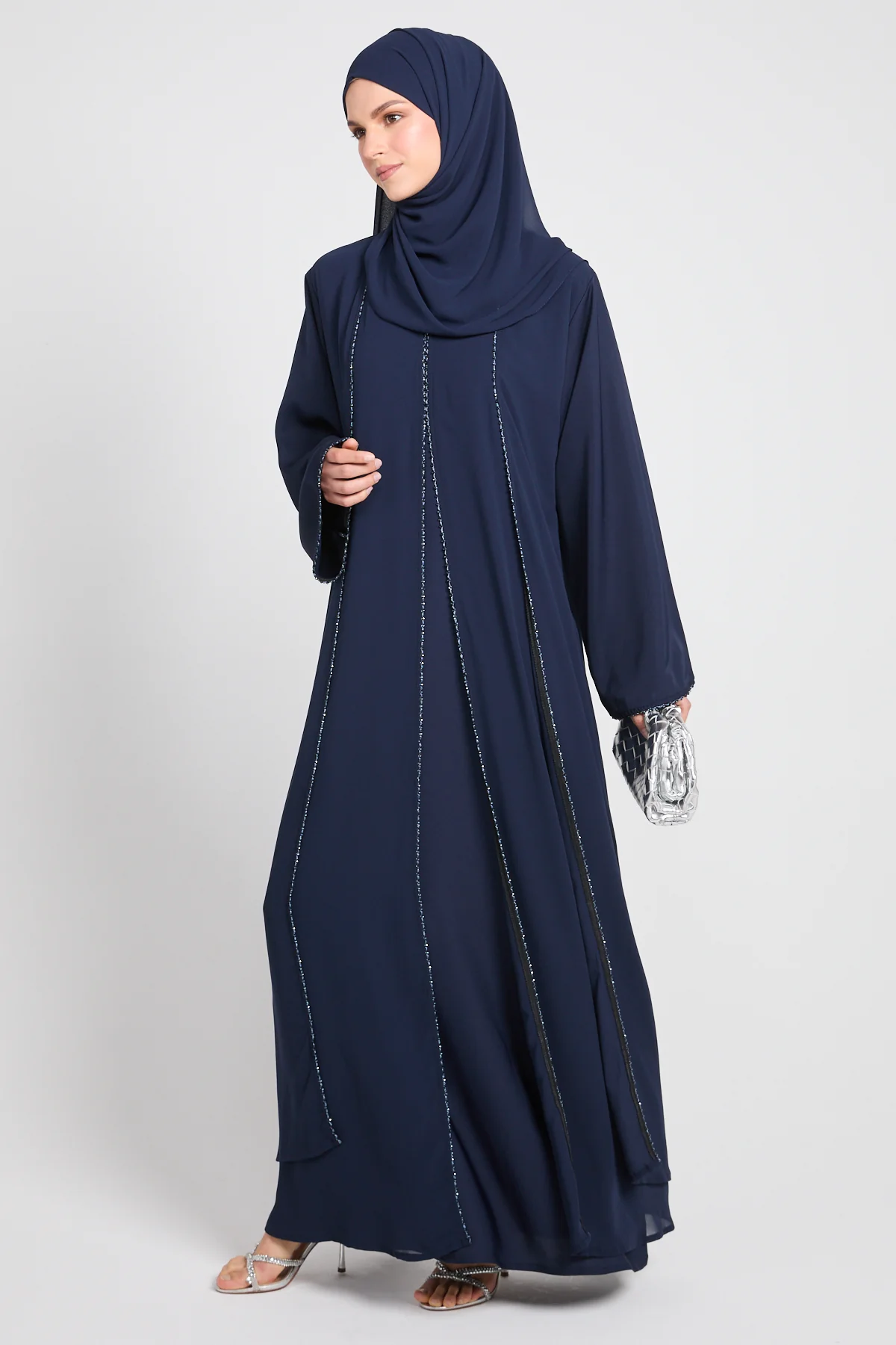 Closed Abaya with Draped Chiffon – Deep Navy - Image 8