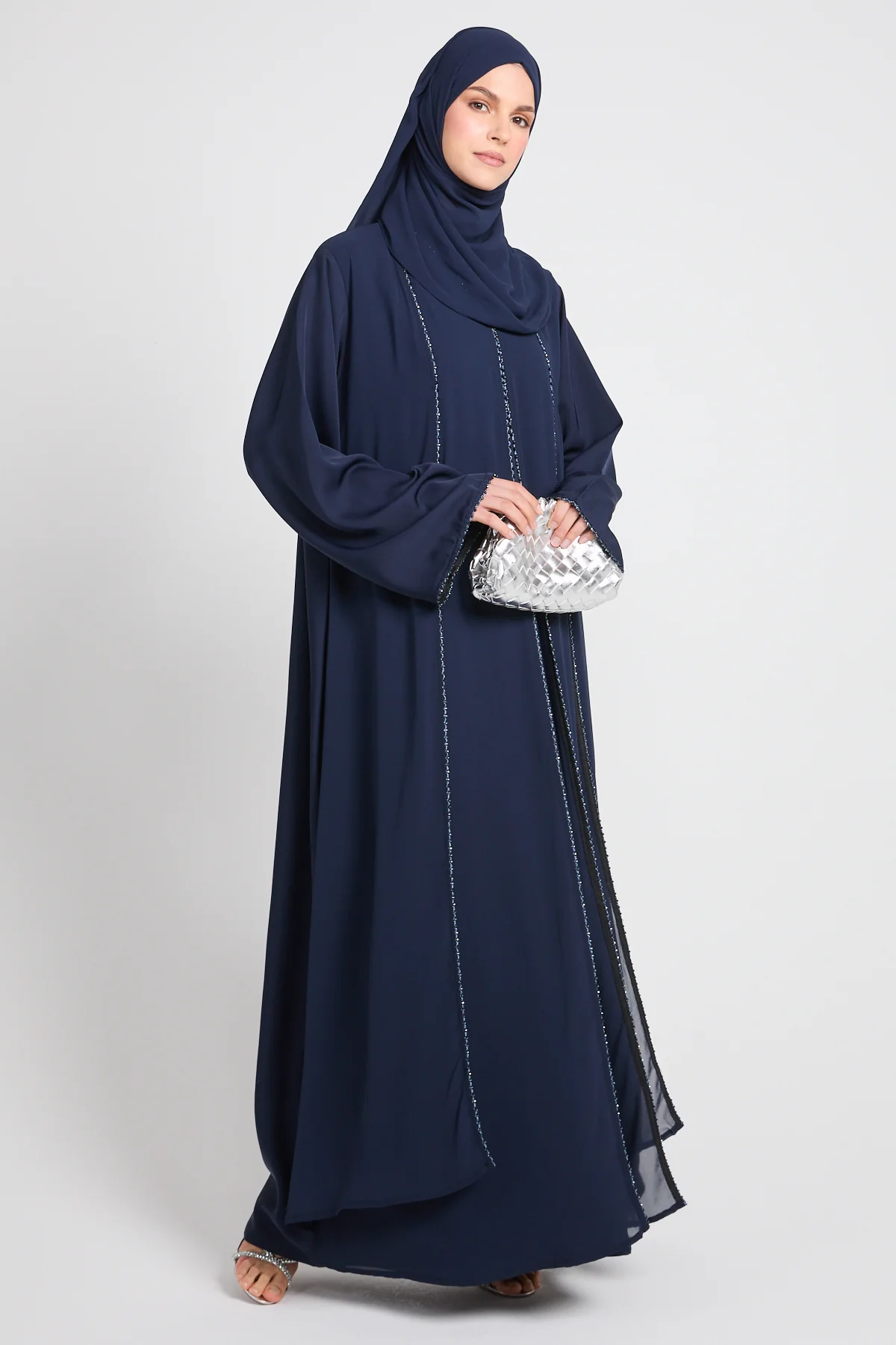Closed Abaya with Draped Chiffon – Deep Navy - Image 9