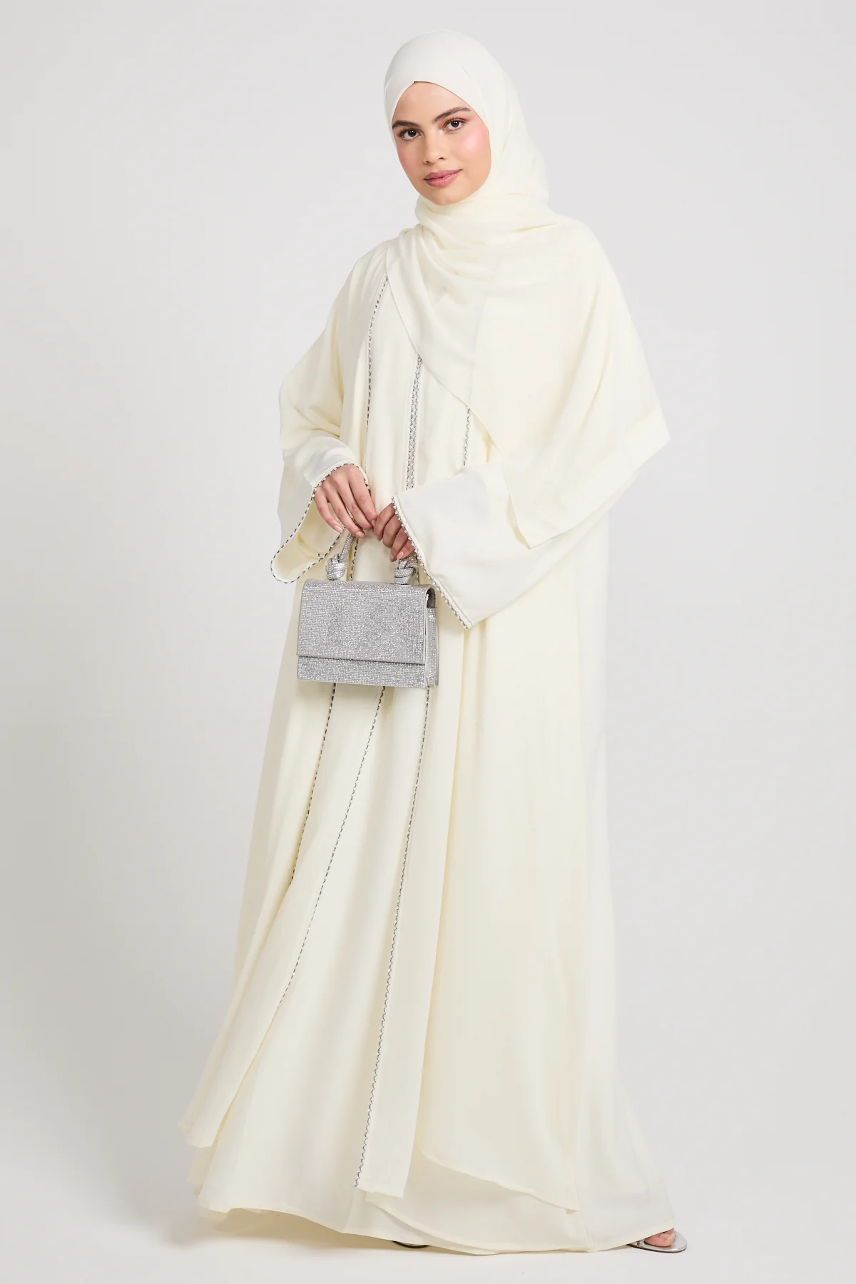 Closed Abaya with Draped Chiffon – Vanilla Mist - Image 3