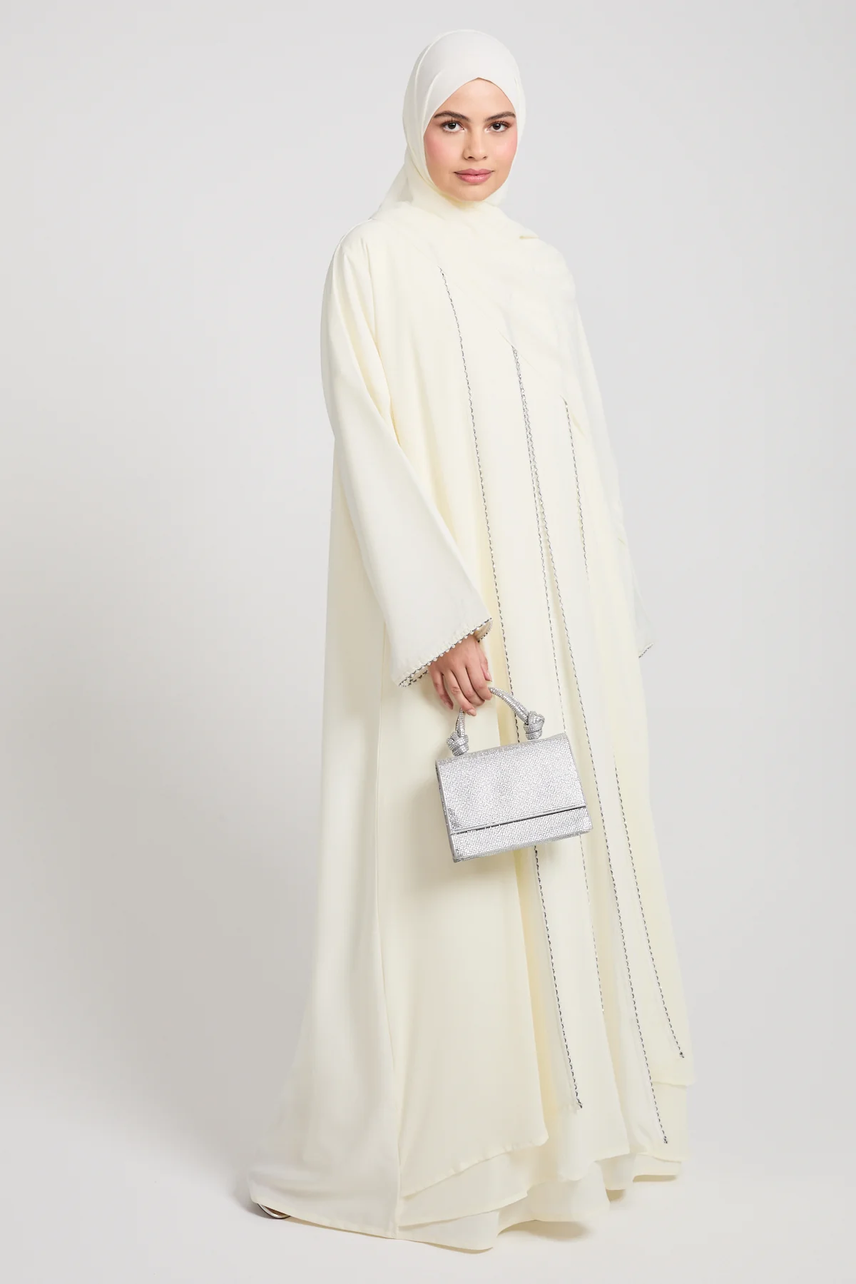 Closed Abaya with Draped Chiffon – Vanilla Mist - Image 8