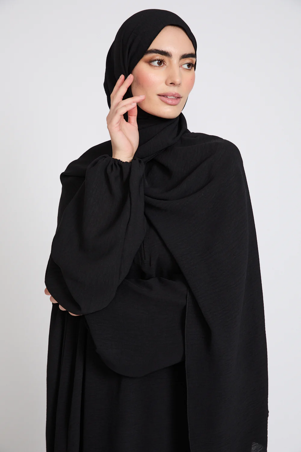 Closed Abaya with Front Zip and Attached Hijab - Black - Image 2