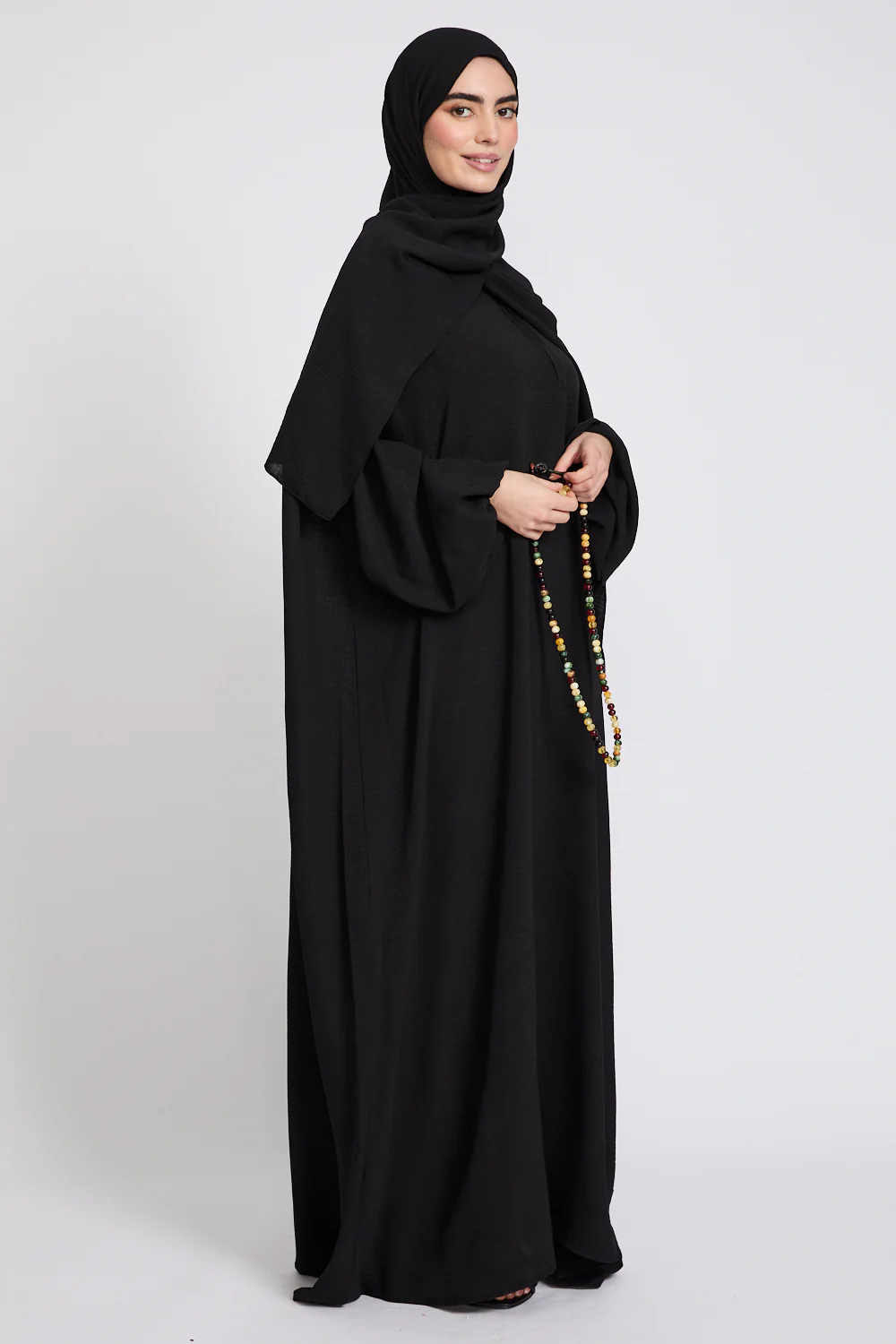 Closed Abaya with Front Zip and Attached Hijab - Black - Image 3