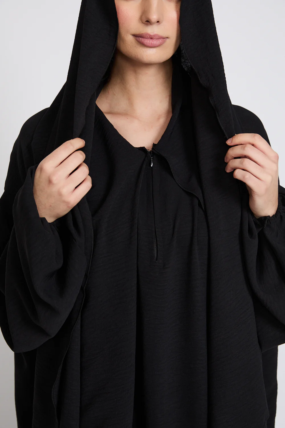 Closed Abaya with Front Zip and Attached Hijab - Black - Image 4