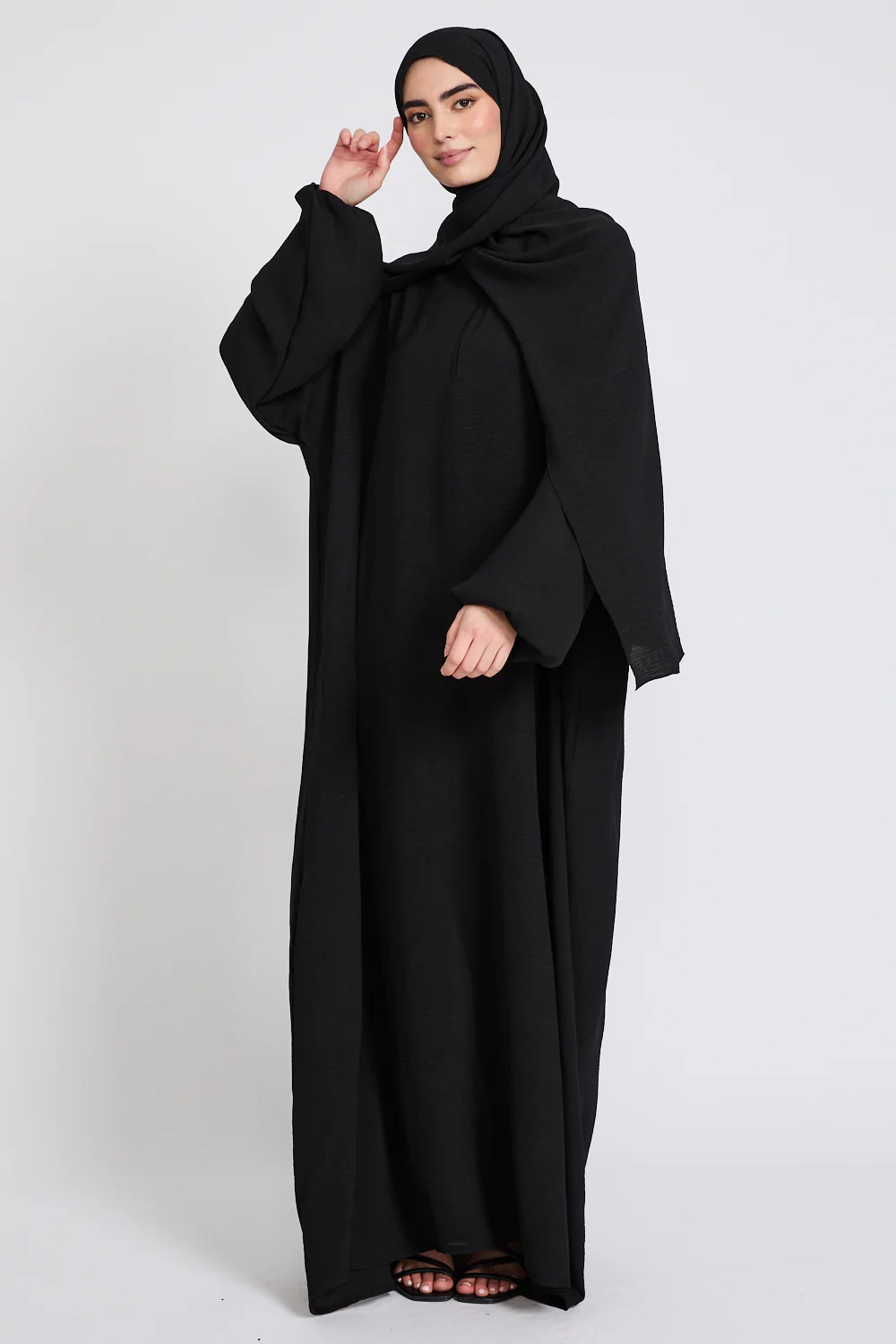 Closed Abaya with Front Zip and Attached Hijab - Black - Image 5