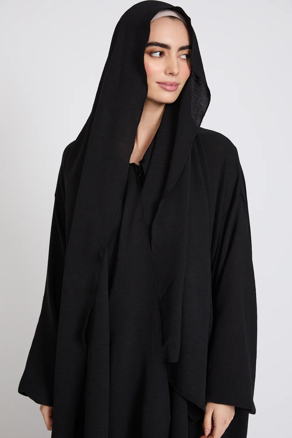 Closed Abaya with Front Zip and Attached Hijab - Black - Image 6