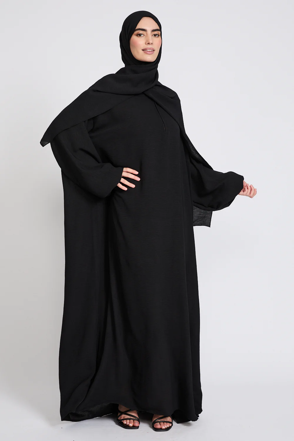 Closed Abaya with Front Zip and Attached Hijab - Black - Image 7