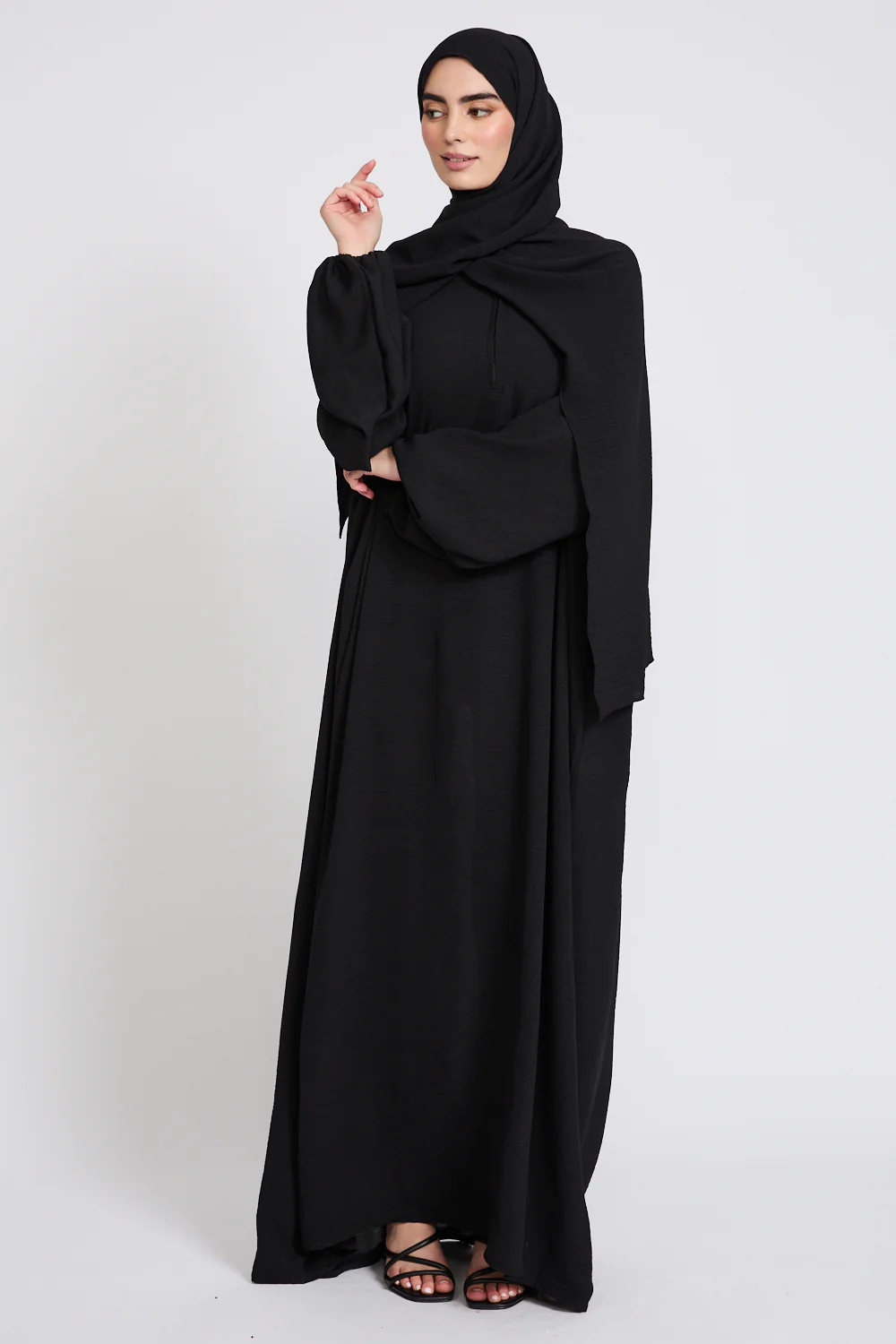 Closed Abaya with Front Zip and Attached Hijab - Black - Image 9