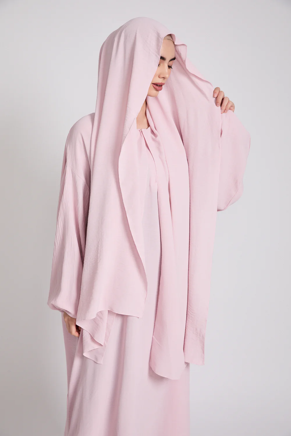 Closed Abaya with Front Zip and Attached Hijab - Blush - Image 11